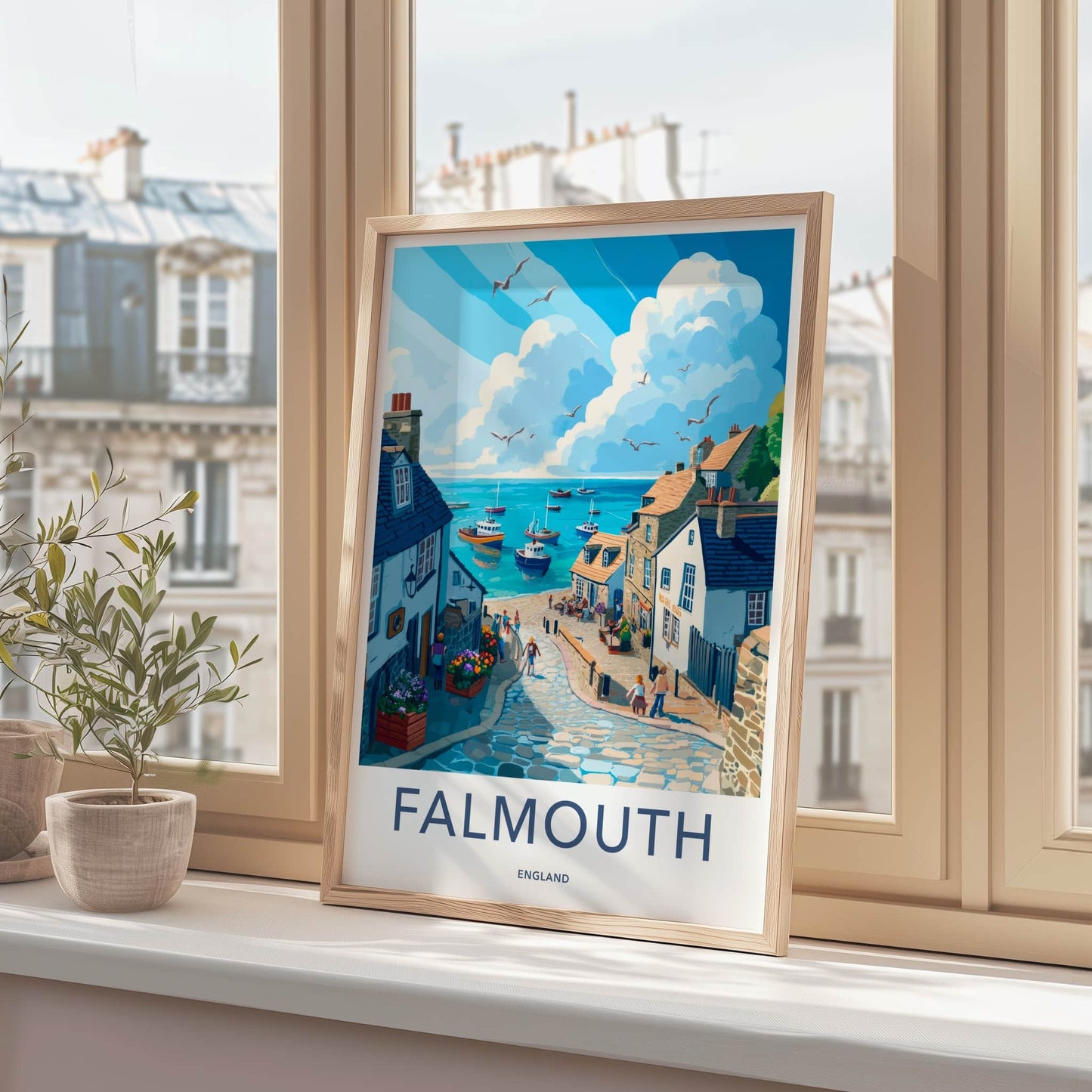 Falmouth Poster - England Travel Art - Quaint Coastal Street Wall Decor