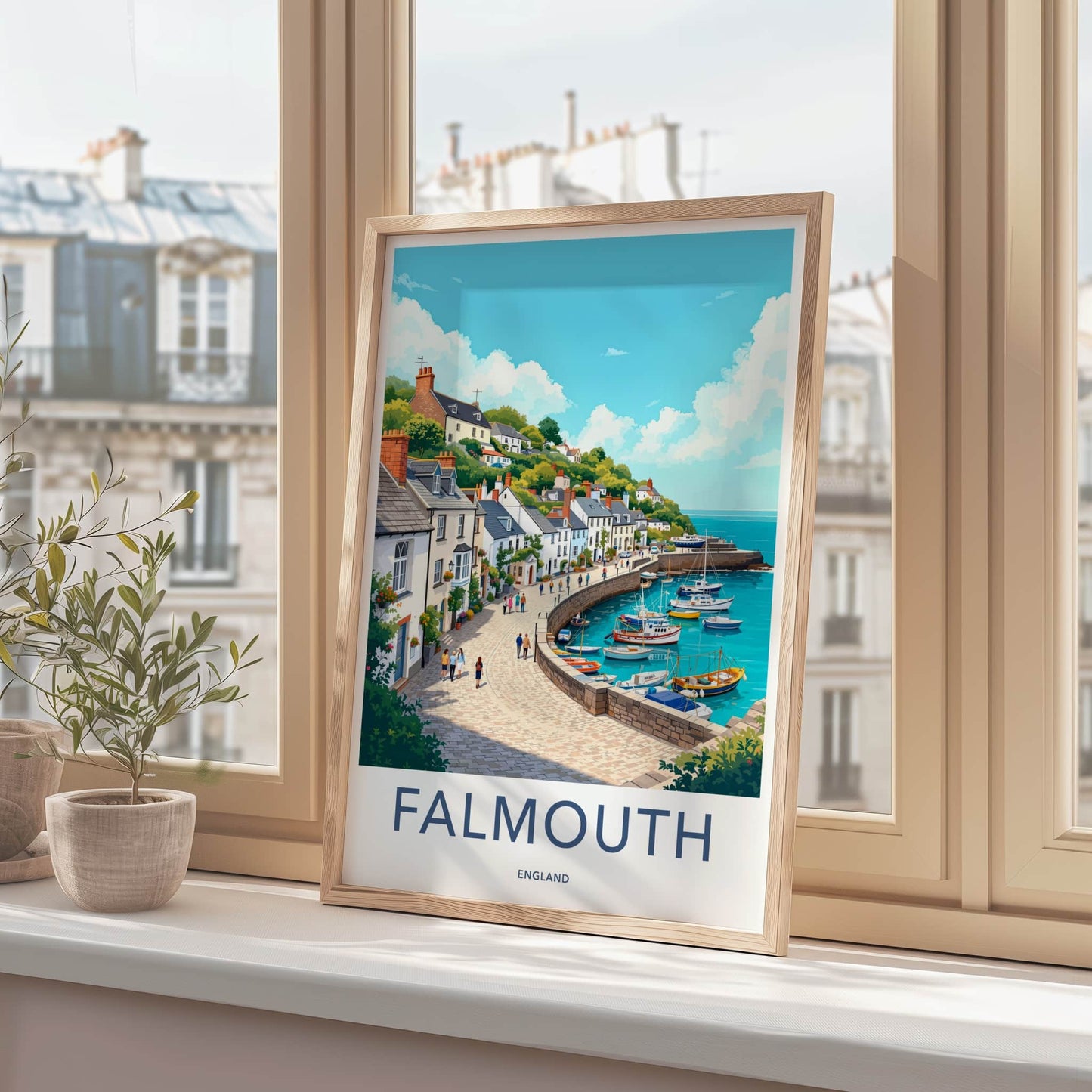 Falmouth Poster - England Travel Art - Seaside Village Promenade Home Decor