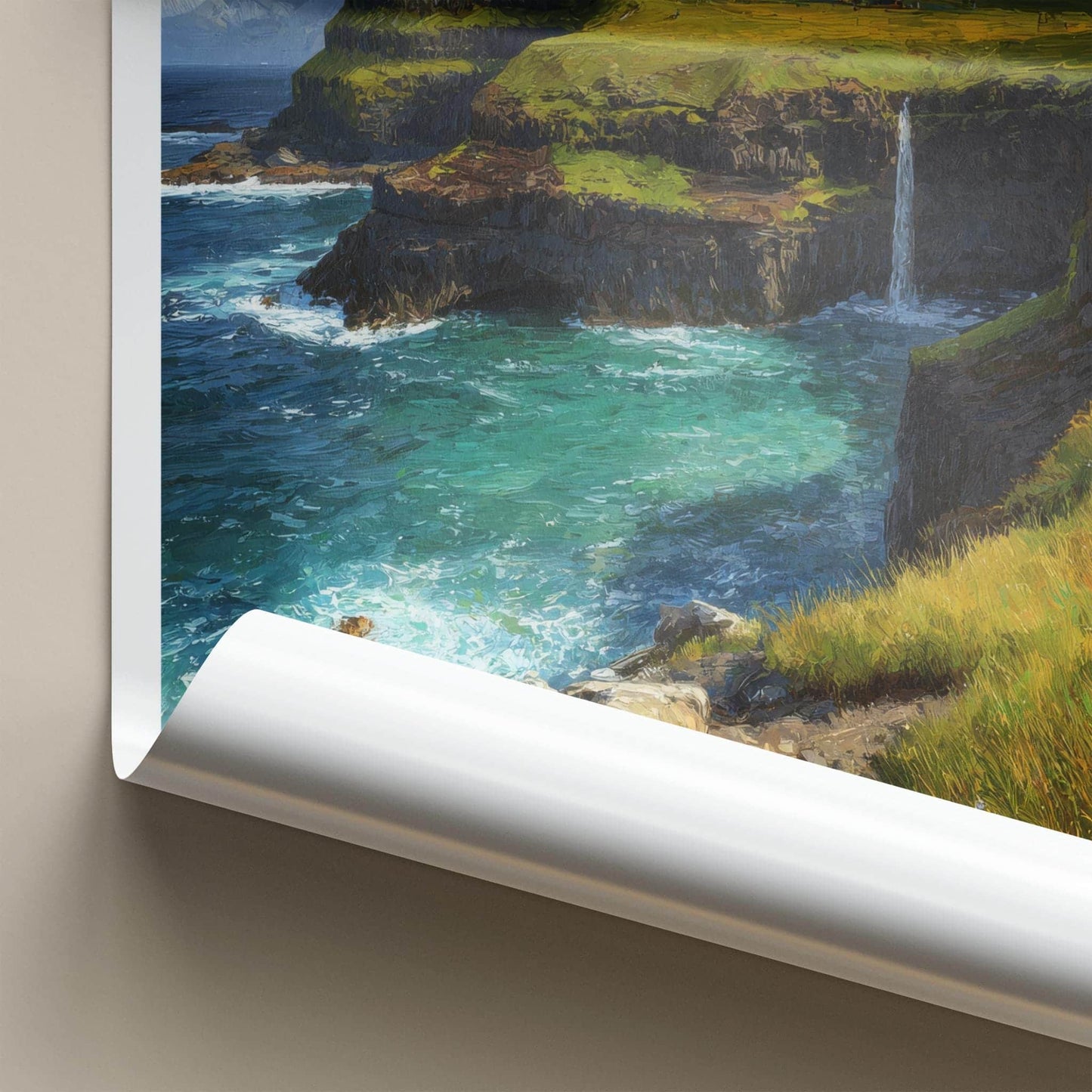 Faroe Islands Poster - Denmark Travel Art - Coastal Cliff Waterfall Home Decor