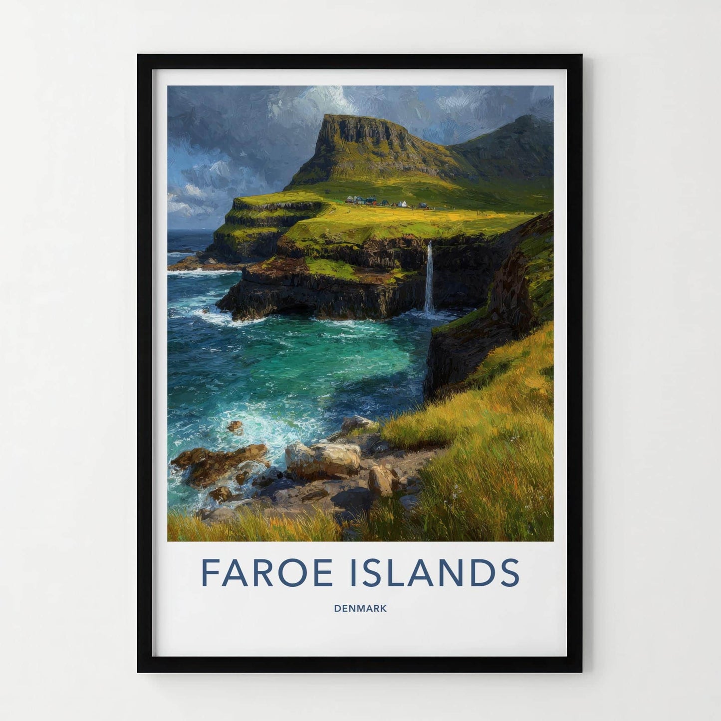 Faroe Islands Poster - Denmark Travel Art - Coastal Cliff Waterfall Home Decor