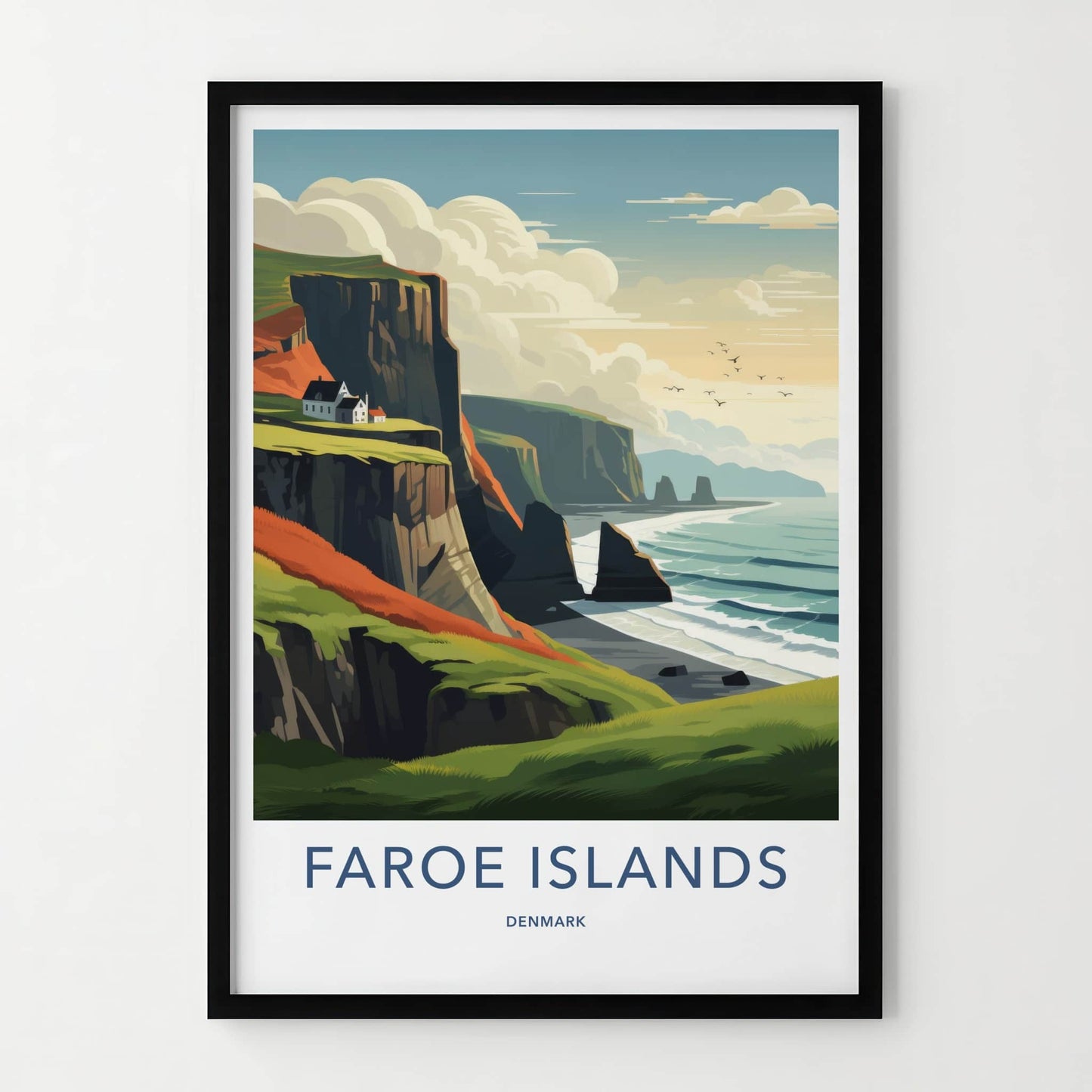 Faroe Islands Poster - Denmark Travel Art - Coastal Cliffside Houses Home Decor