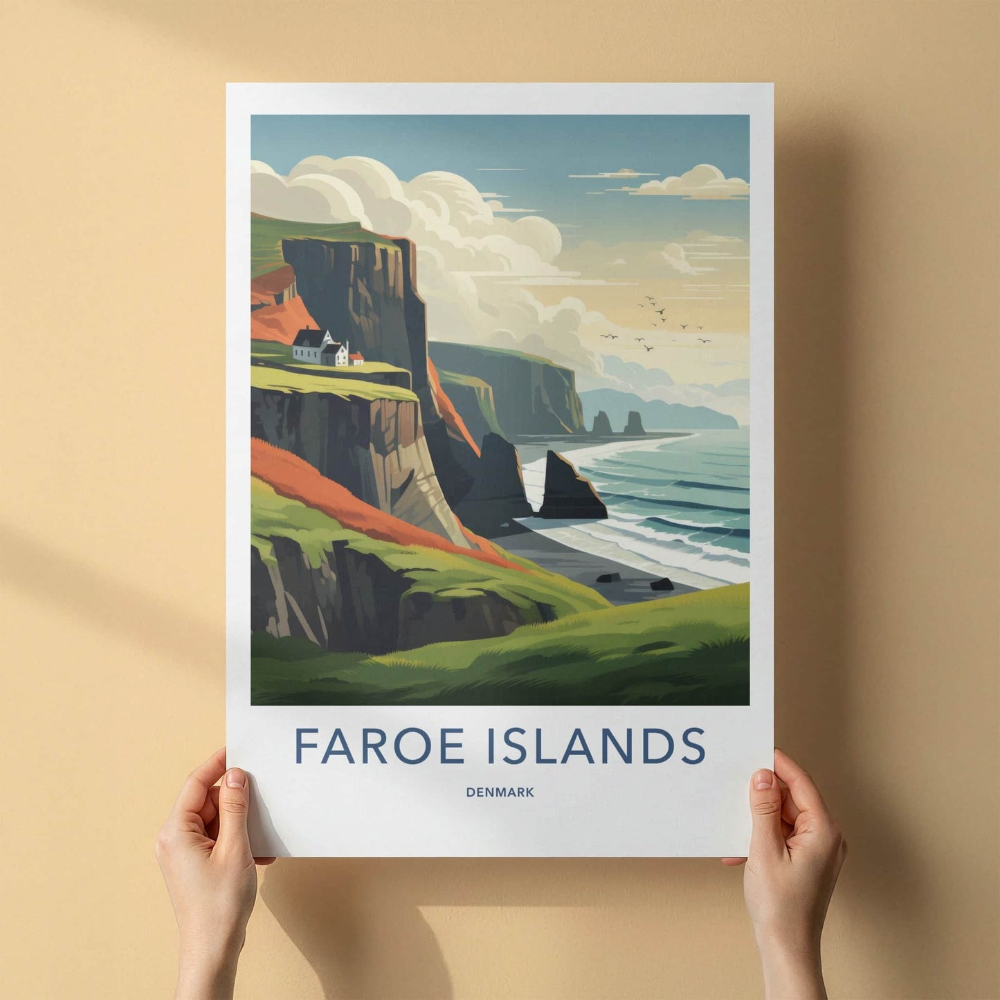 Faroe Islands Poster - Denmark Travel Art - Coastal Cliffside Houses Home Decor