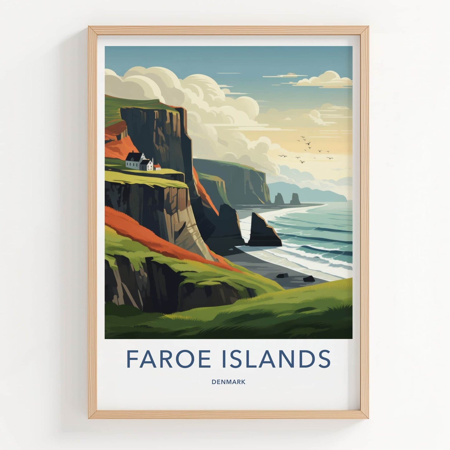 Faroe Islands Poster - Denmark Travel Art - Coastal Cliffside Houses Home Decor