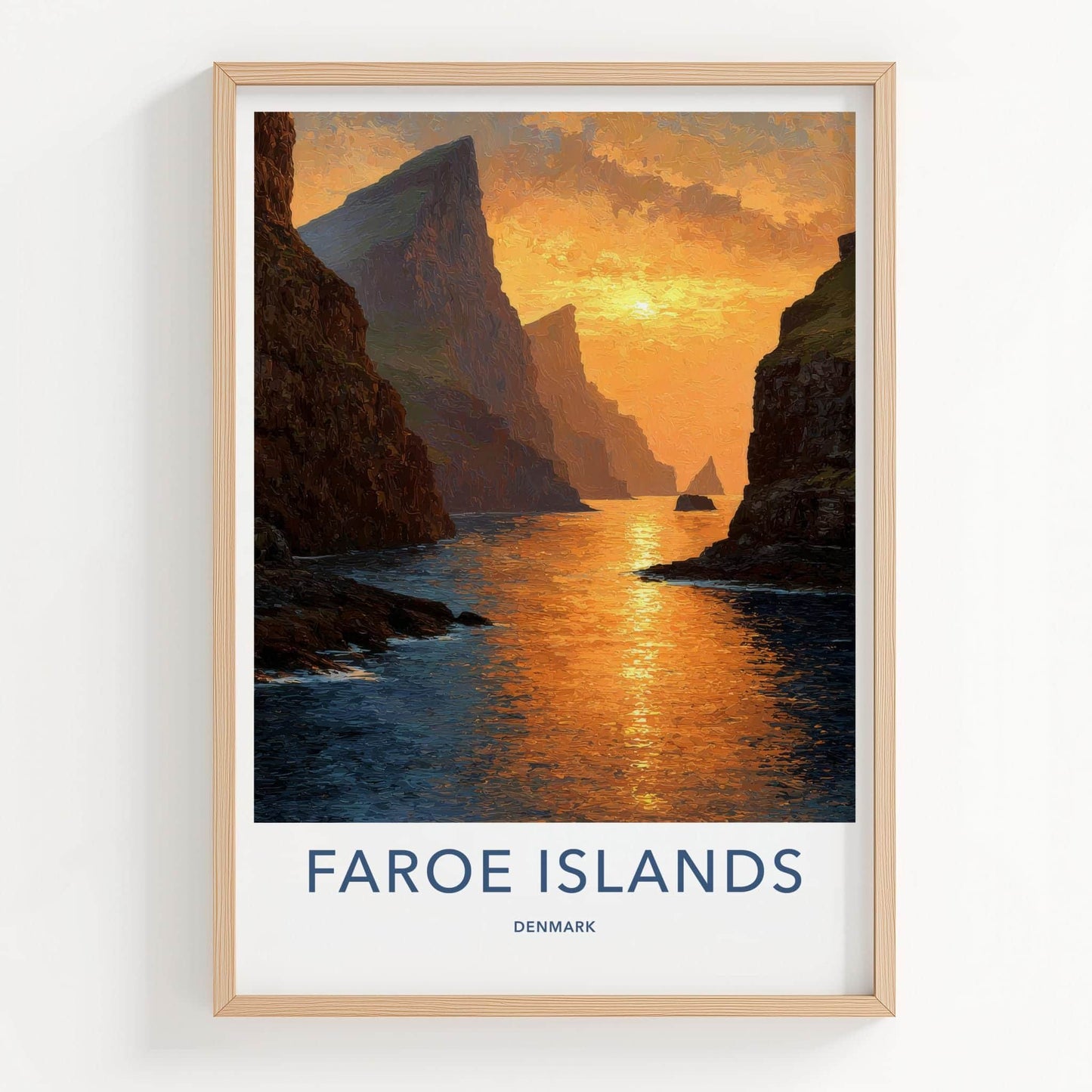 Faroe Islands Poster - Denmark Travel Art - Golden Coastal Sunset Home Decor