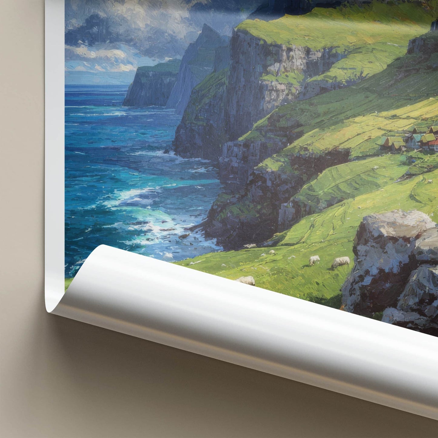 Faroe Islands Poster - Faroe Islands Coastal Cliffs Village Travel Print