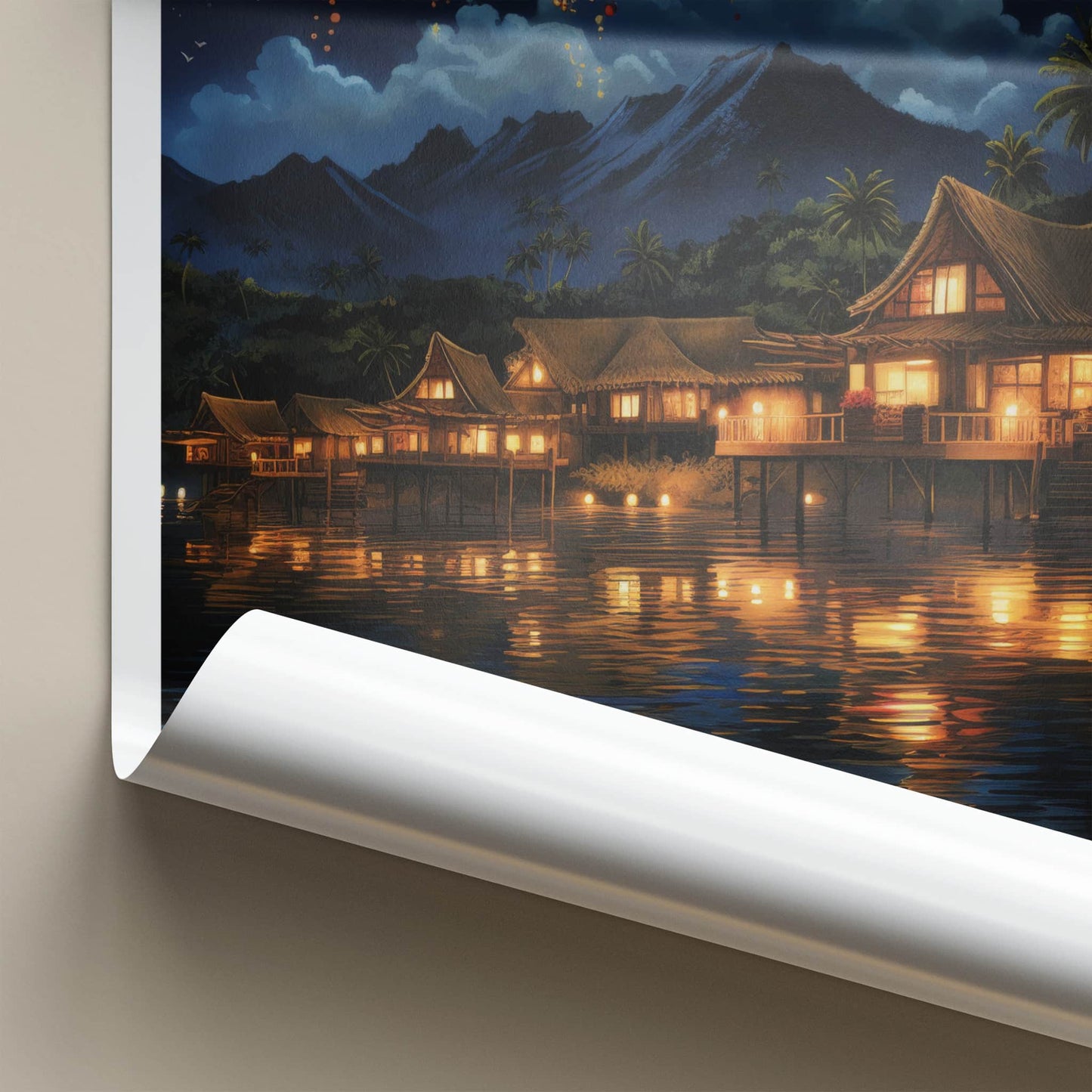 Fiji Poster - Fiji Travel Art - Fireworks Overwater Huts Home Decor