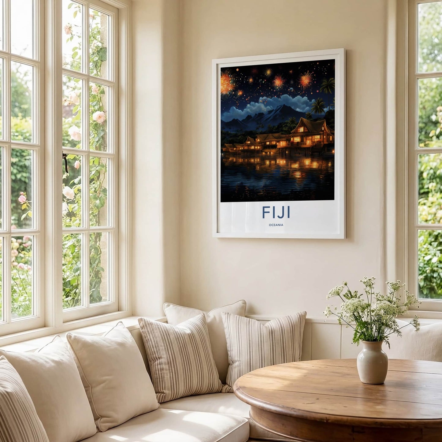 Fiji Poster - Fiji Travel Art - Fireworks Overwater Huts Home Decor