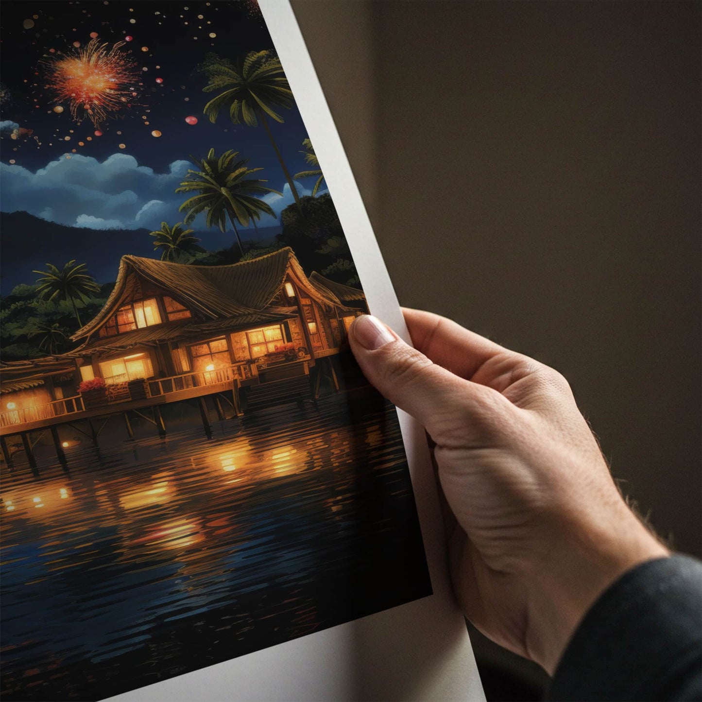 Fiji Poster - Fiji Travel Art - Fireworks Overwater Huts Home Decor