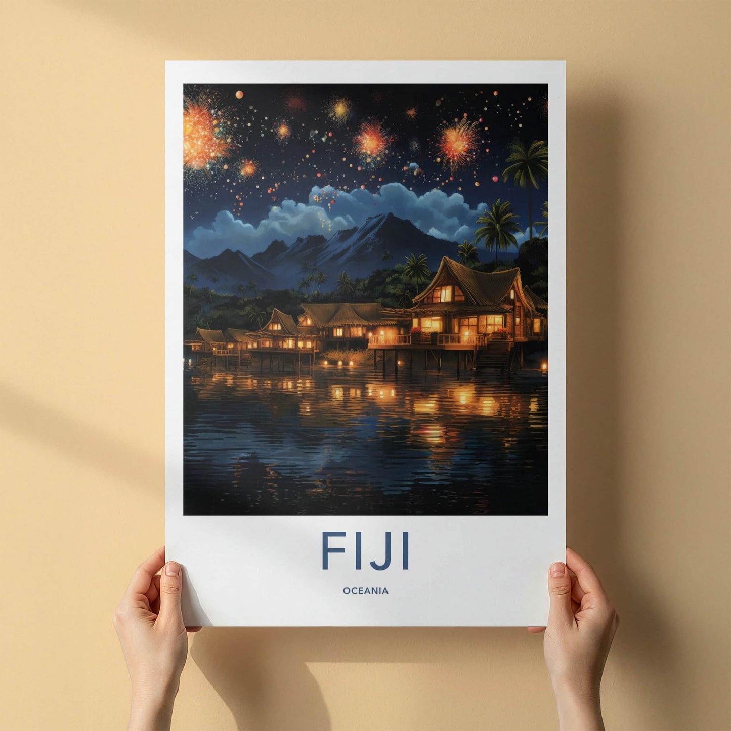 Fiji Poster - Fiji Travel Art - Fireworks Overwater Huts Home Decor