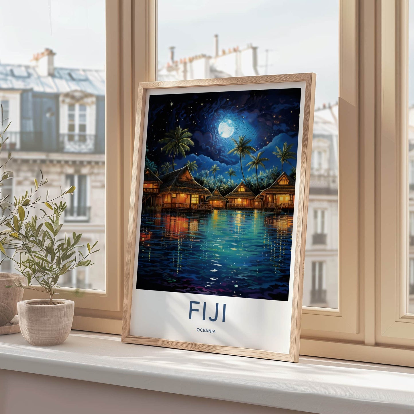 Fiji Poster - Fiji Travel Print - Bright Moon Bungalows Lounge Decor