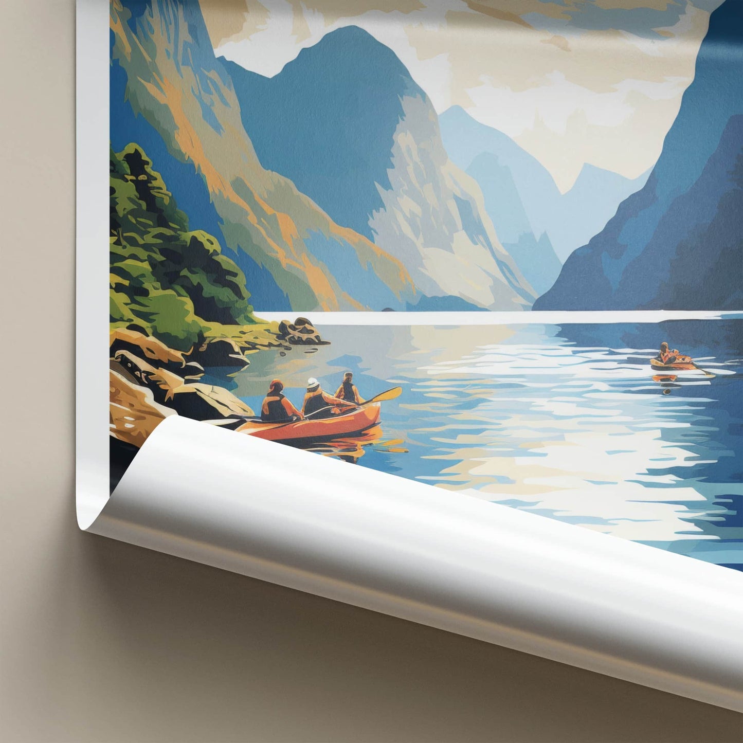 Fiordland Poster - New Zealand Travel Art - Kayakers Fjord Mountains Wall Decor