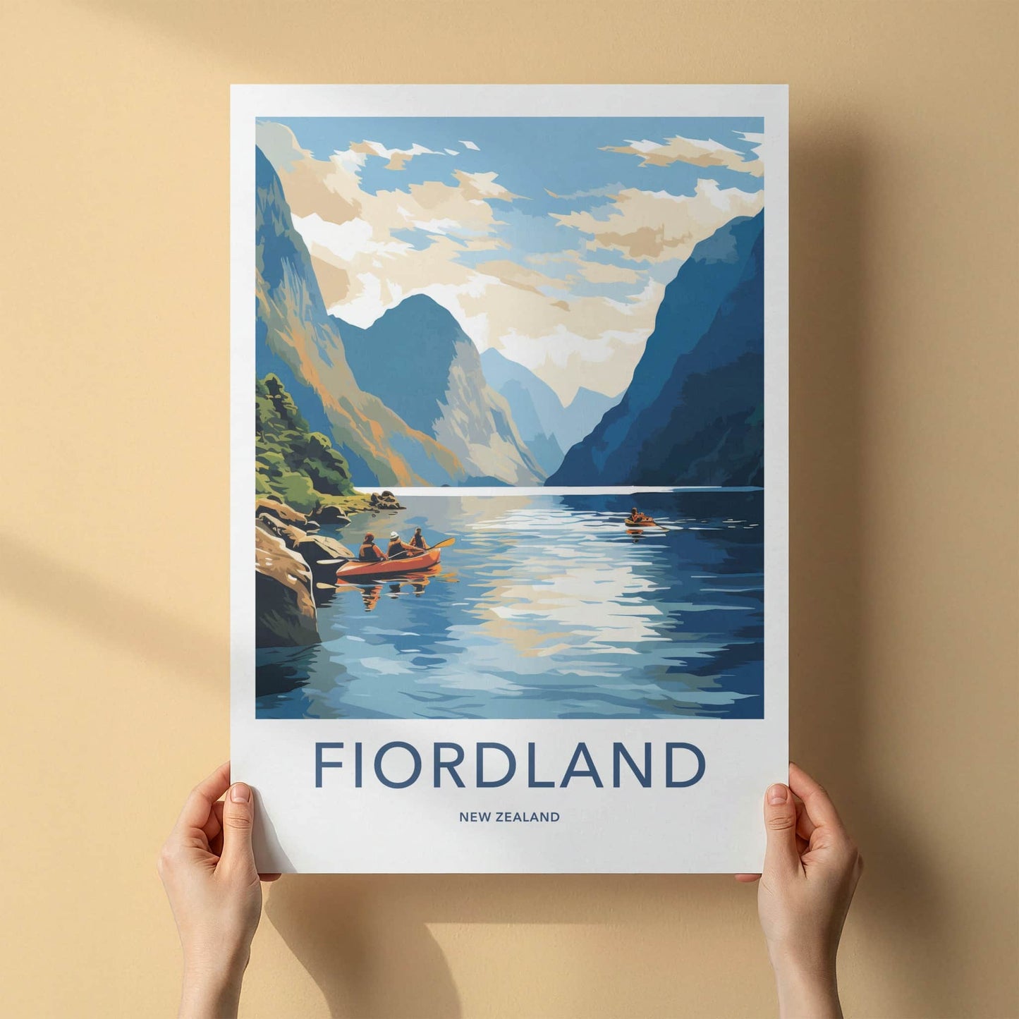 Fiordland Poster - New Zealand Travel Art - Kayakers Fjord Mountains Wall Decor