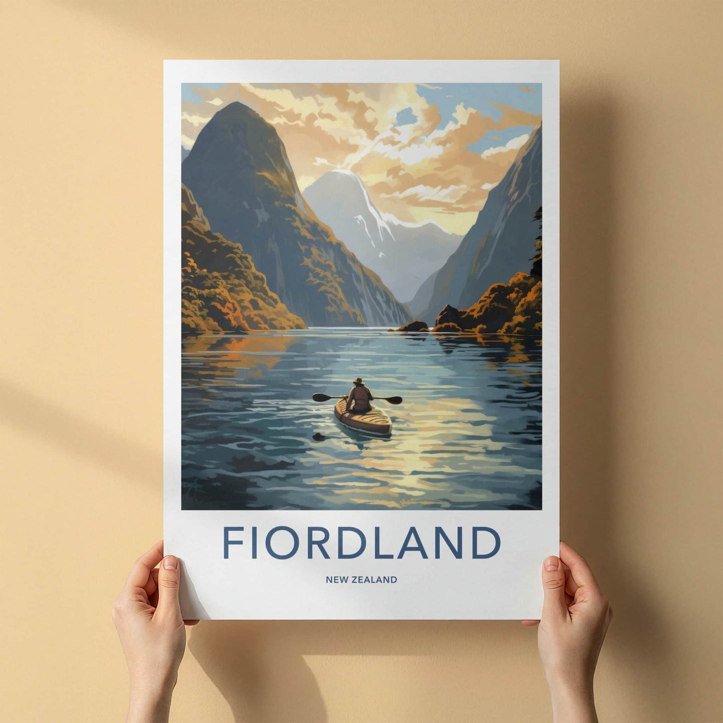 Fiordland Poster - New Zealand Travel Art - Paddler mountain fiord Home Decor