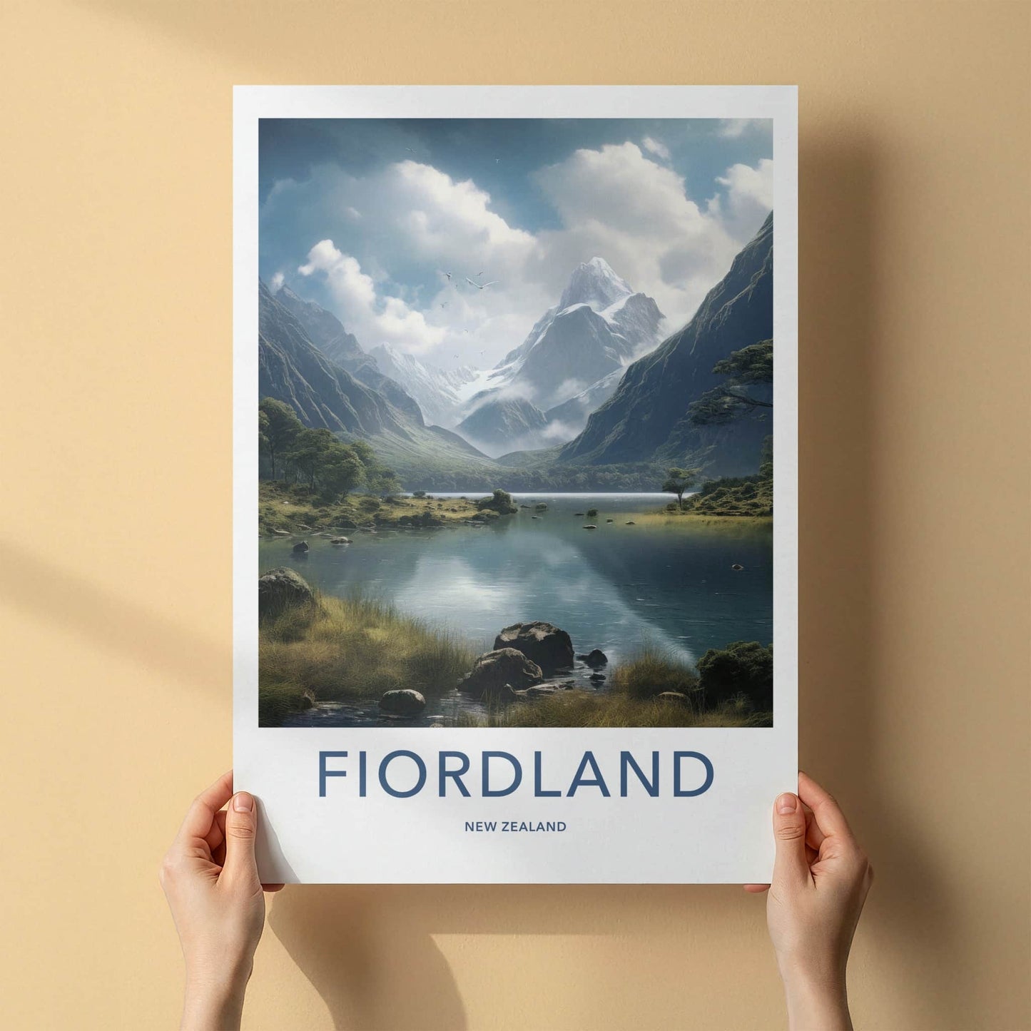 Fiordland Poster - New Zealand Travel Art - Snowy Mountain Lake Home Decor