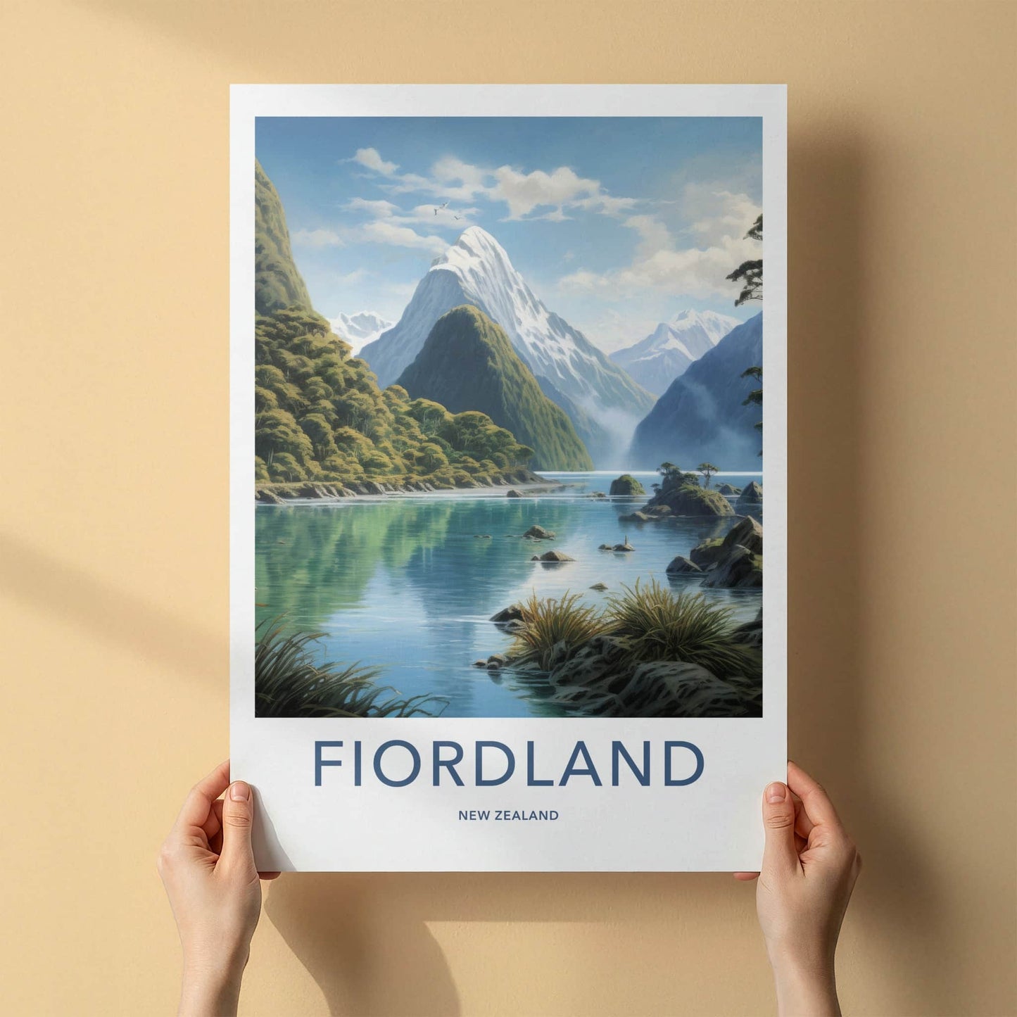 Fiordland Poster - New Zealand Travel Art - Snowy Peaks Fjord Home Decor
