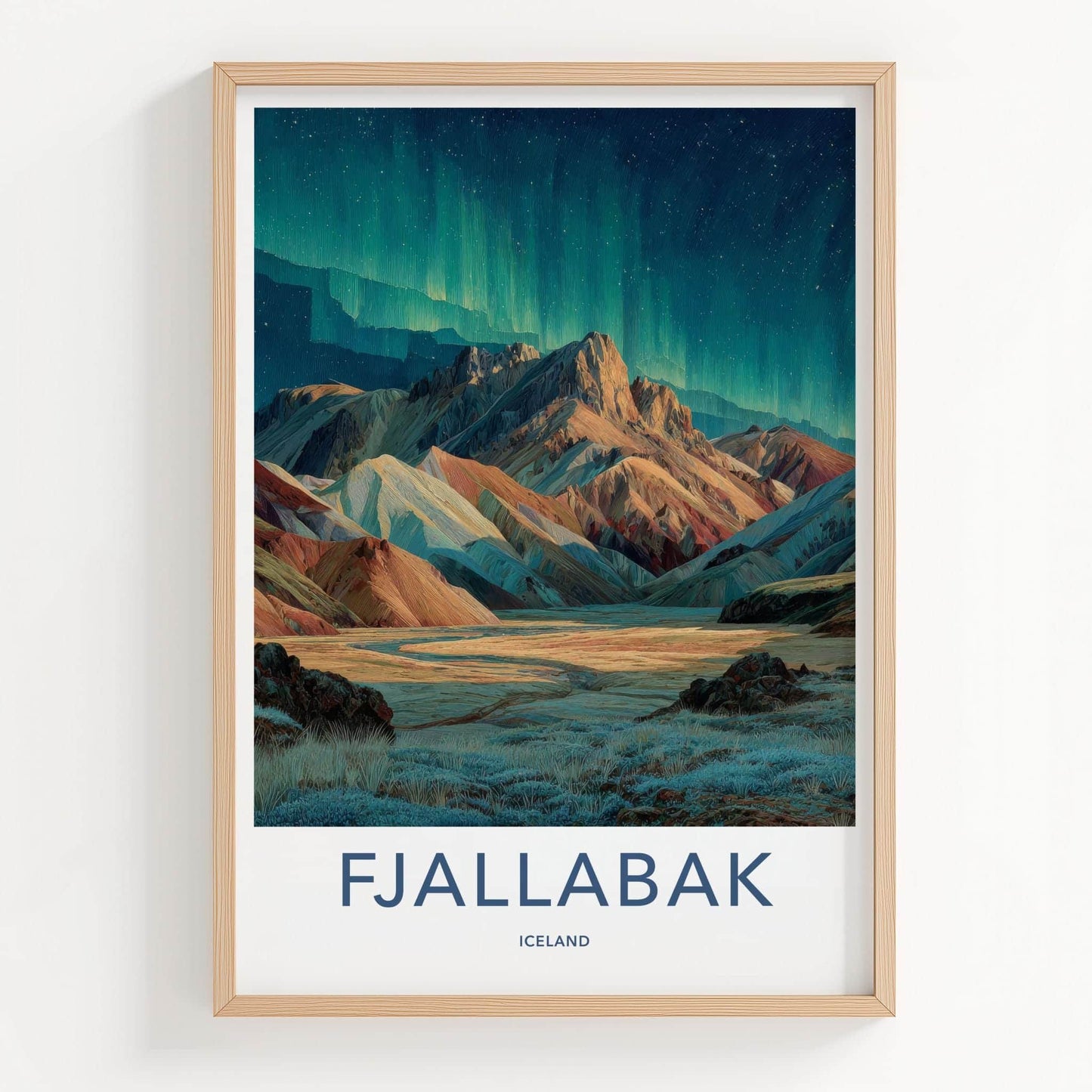 Fjallabak Poster - Iceland Travel Art - Vibrant Mountain Aurora Wall Decor
