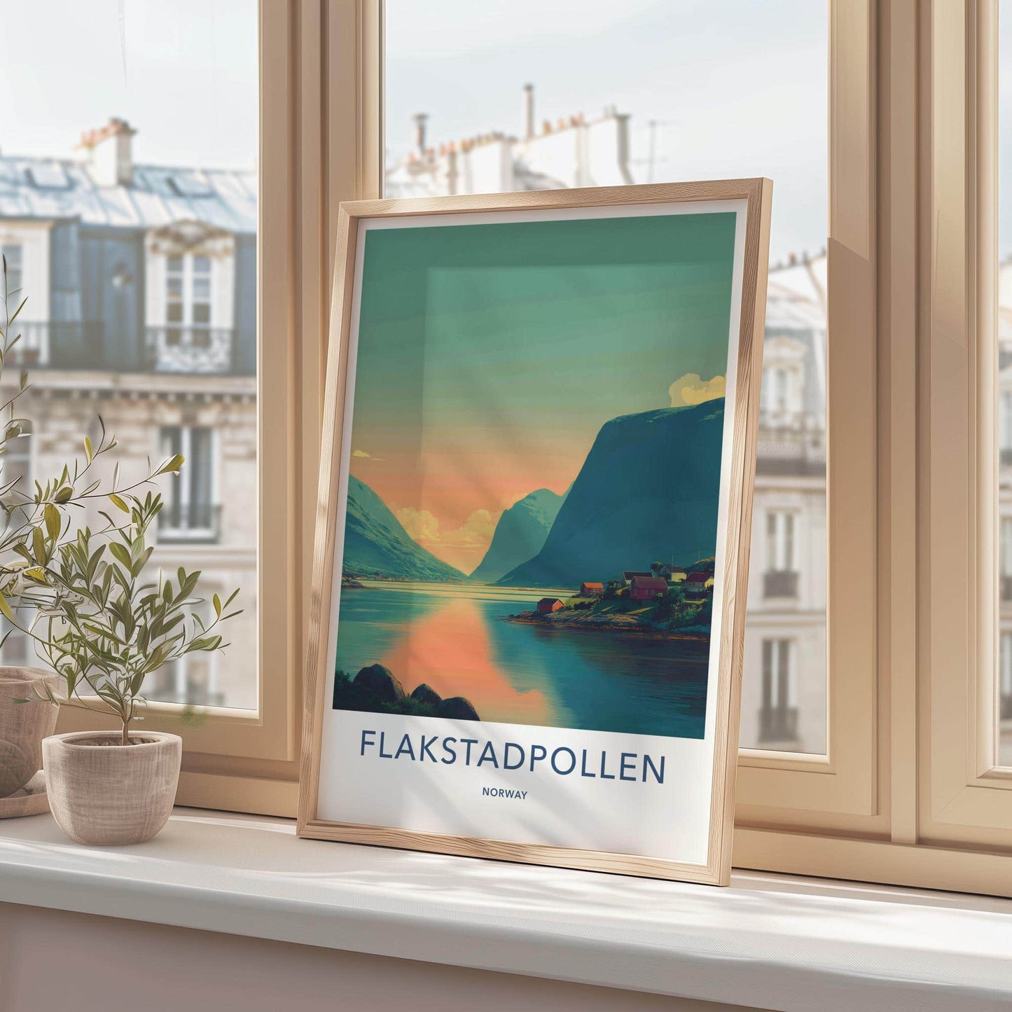 Flakstadpollen Poster - Norway Travel Art - Fjord village sunset Home Decor