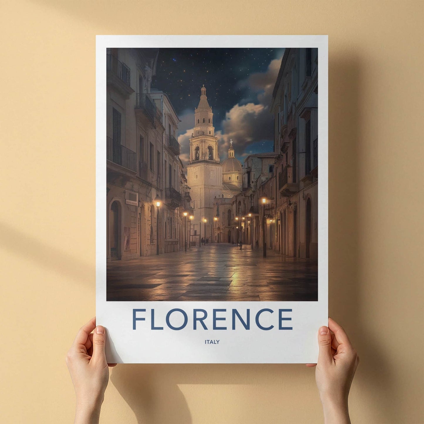 Florence Poster - Italy Travel Art - Illuminated Church Street Wall Decor