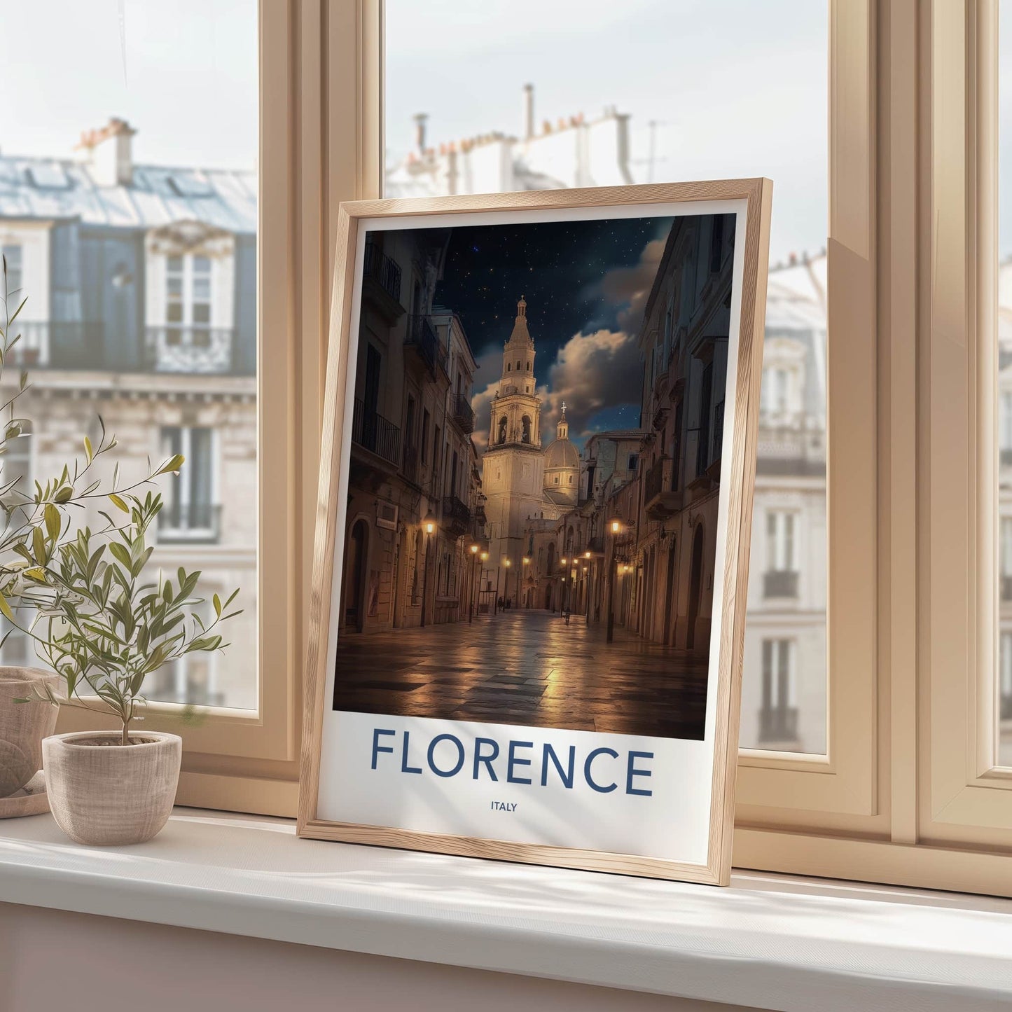 Florence Poster - Italy Travel Art - Illuminated Church Street Wall Decor