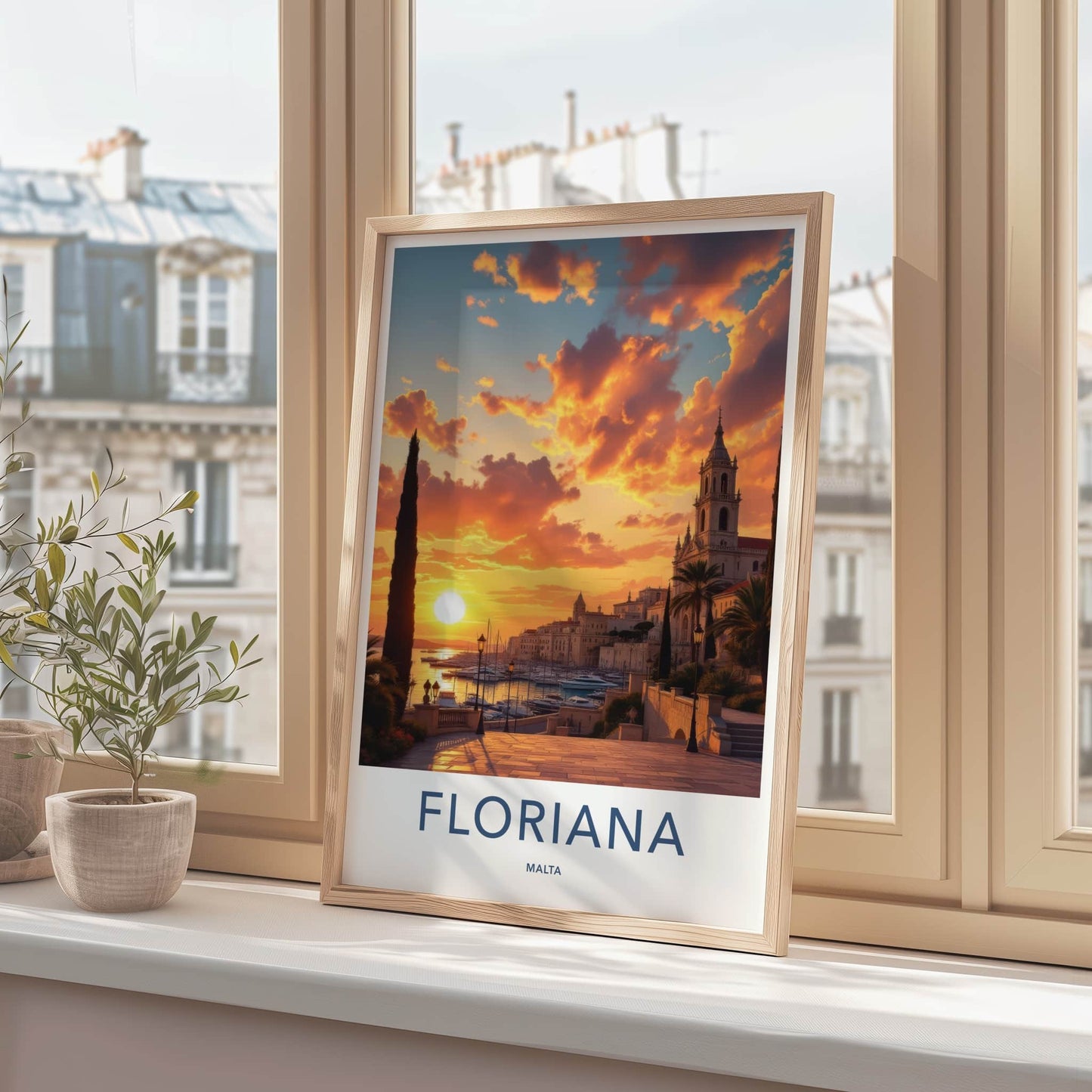 Floriana Poster - Malta Art Print - Coastal Sunset Church Wall Decor