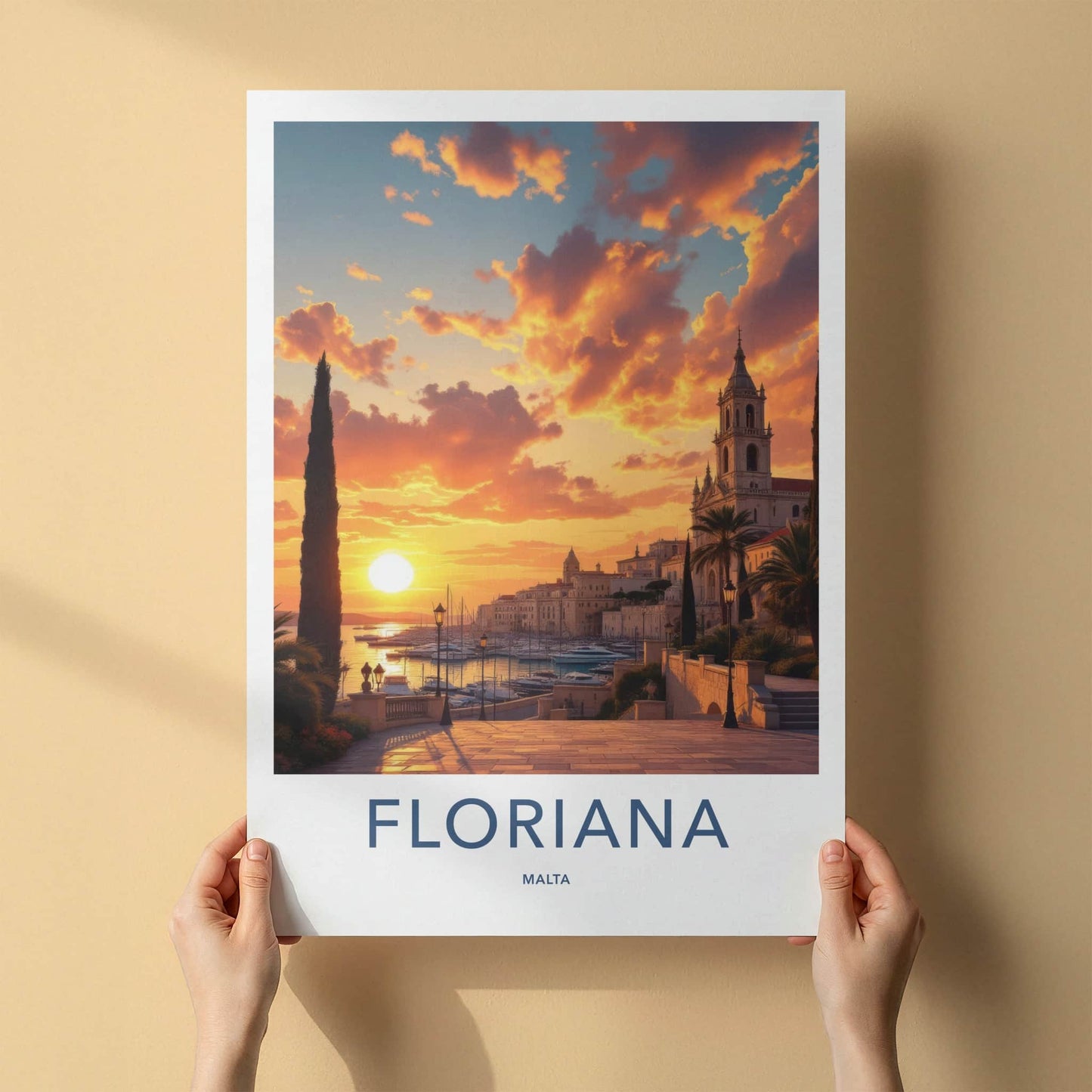 Floriana Poster - Malta Art Print - Coastal Sunset Church Wall Decor