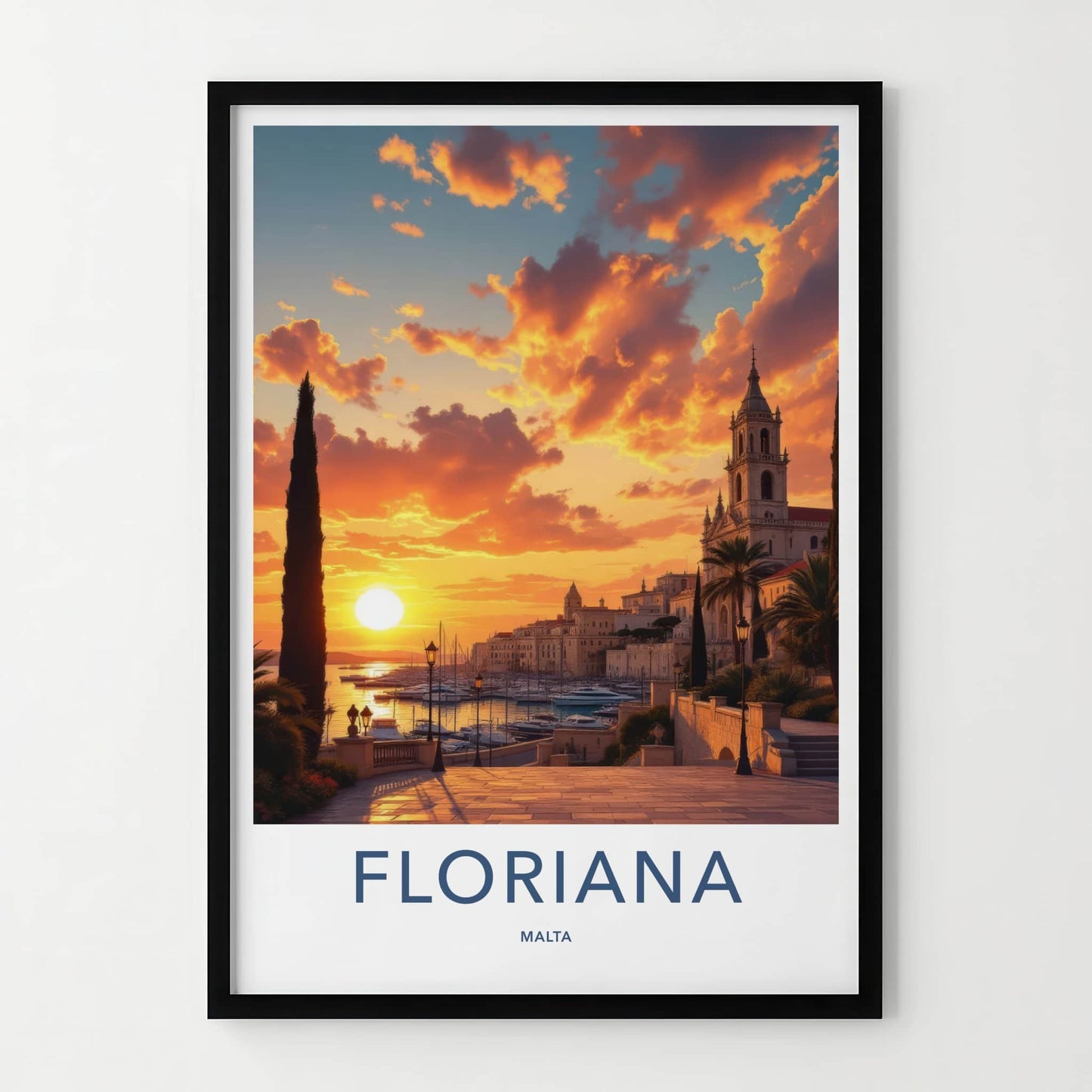 Floriana Poster - Malta Art Print - Coastal Sunset Church Wall Decor