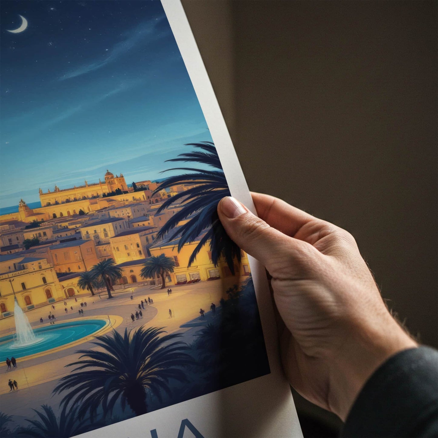 Floriana Poster - Malta Travel Art - Moonlit City Square Home Decor