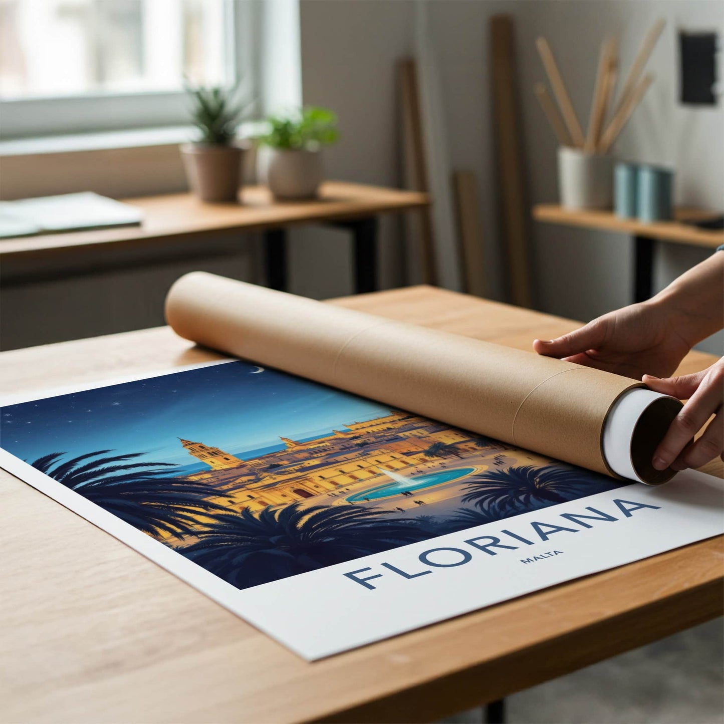 Floriana Poster - Malta Travel Art - Moonlit City Square Home Decor