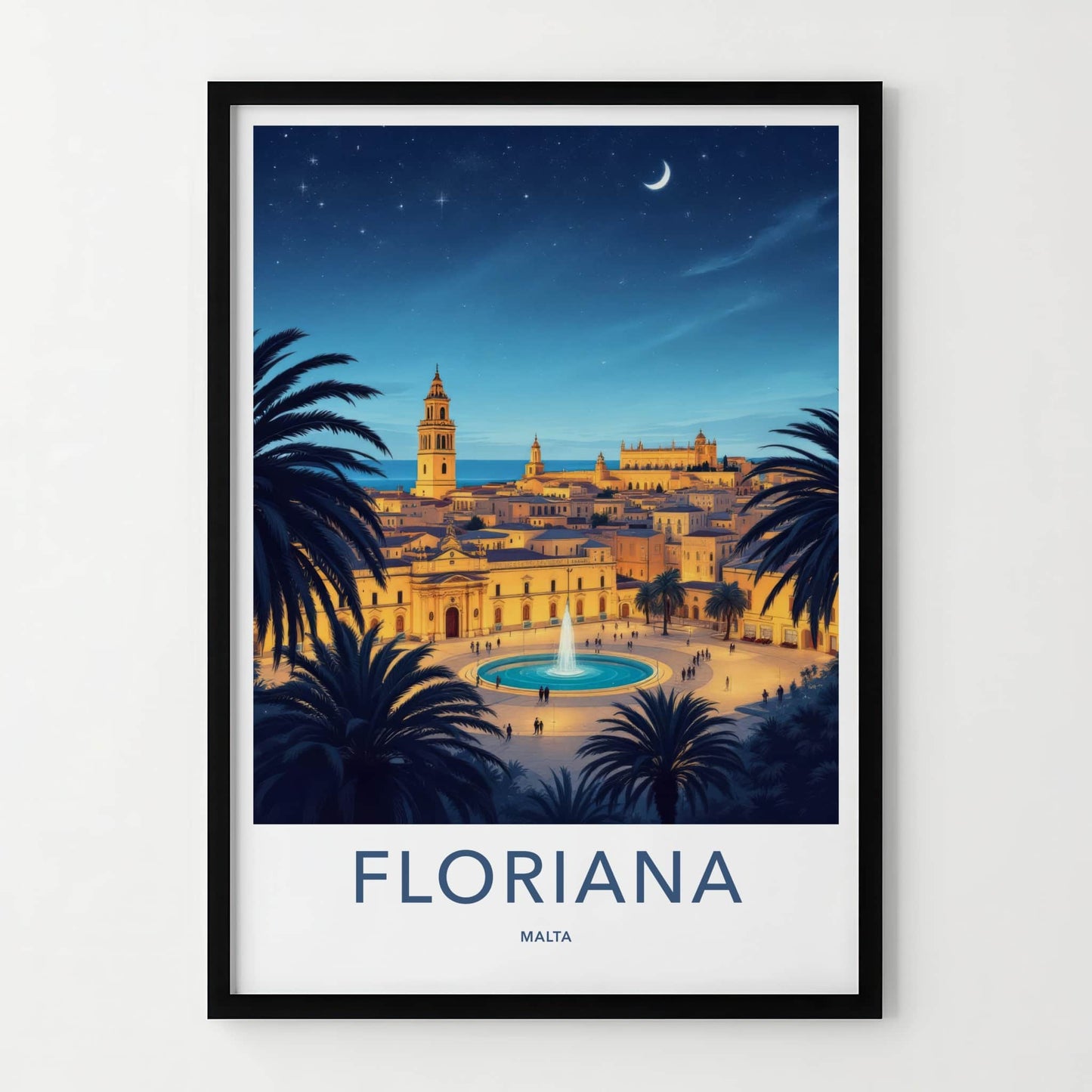 Floriana Poster - Malta Travel Art - Moonlit City Square Home Decor