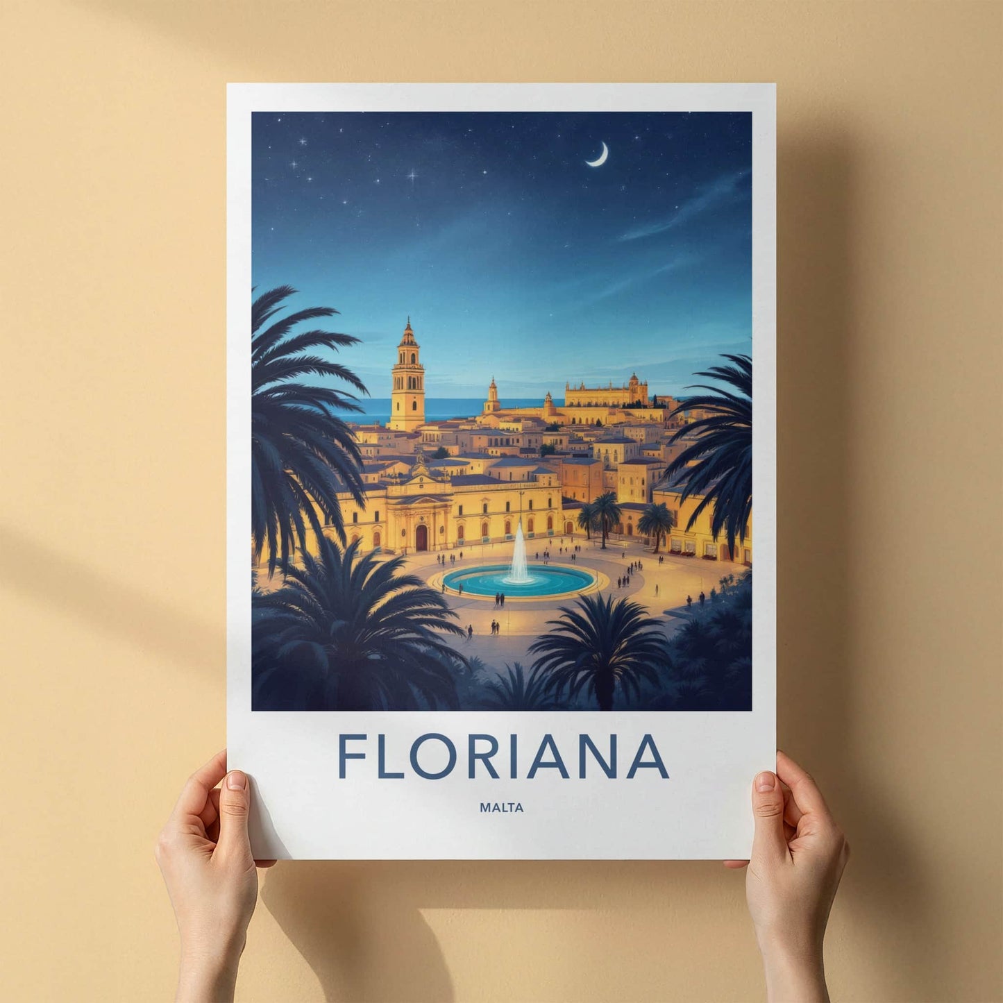 Floriana Poster - Malta Travel Art - Moonlit City Square Home Decor