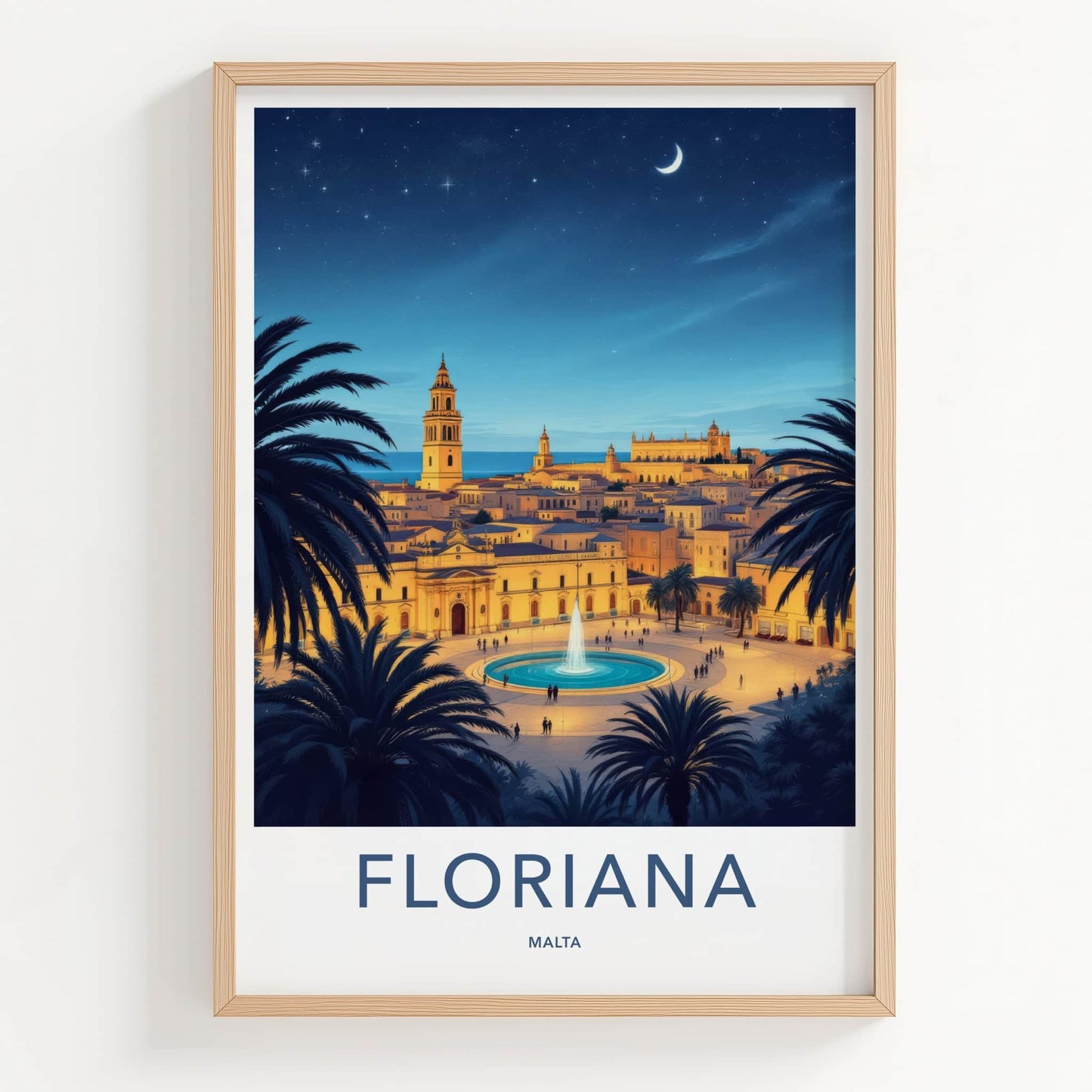 Floriana Poster - Malta Travel Art - Moonlit City Square Home Decor
