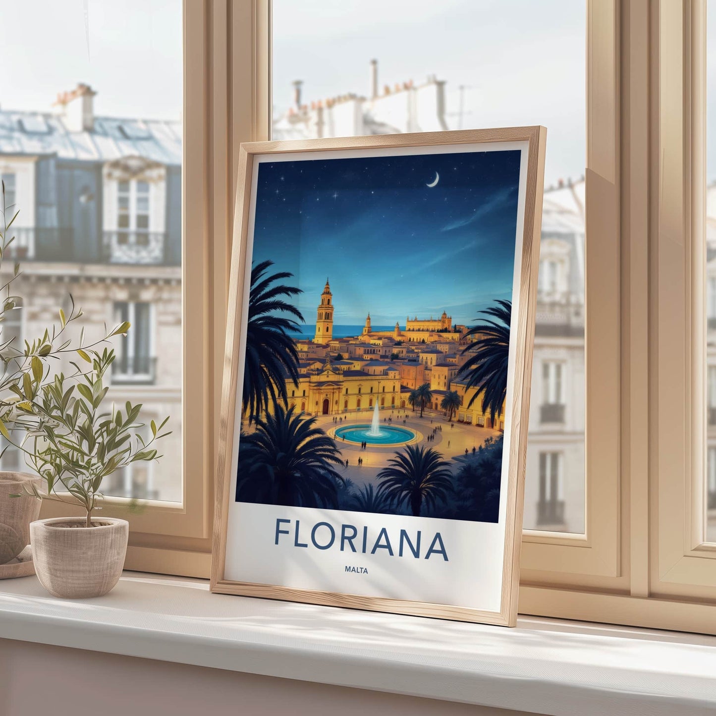 Floriana Poster - Malta Travel Art - Moonlit City Square Home Decor