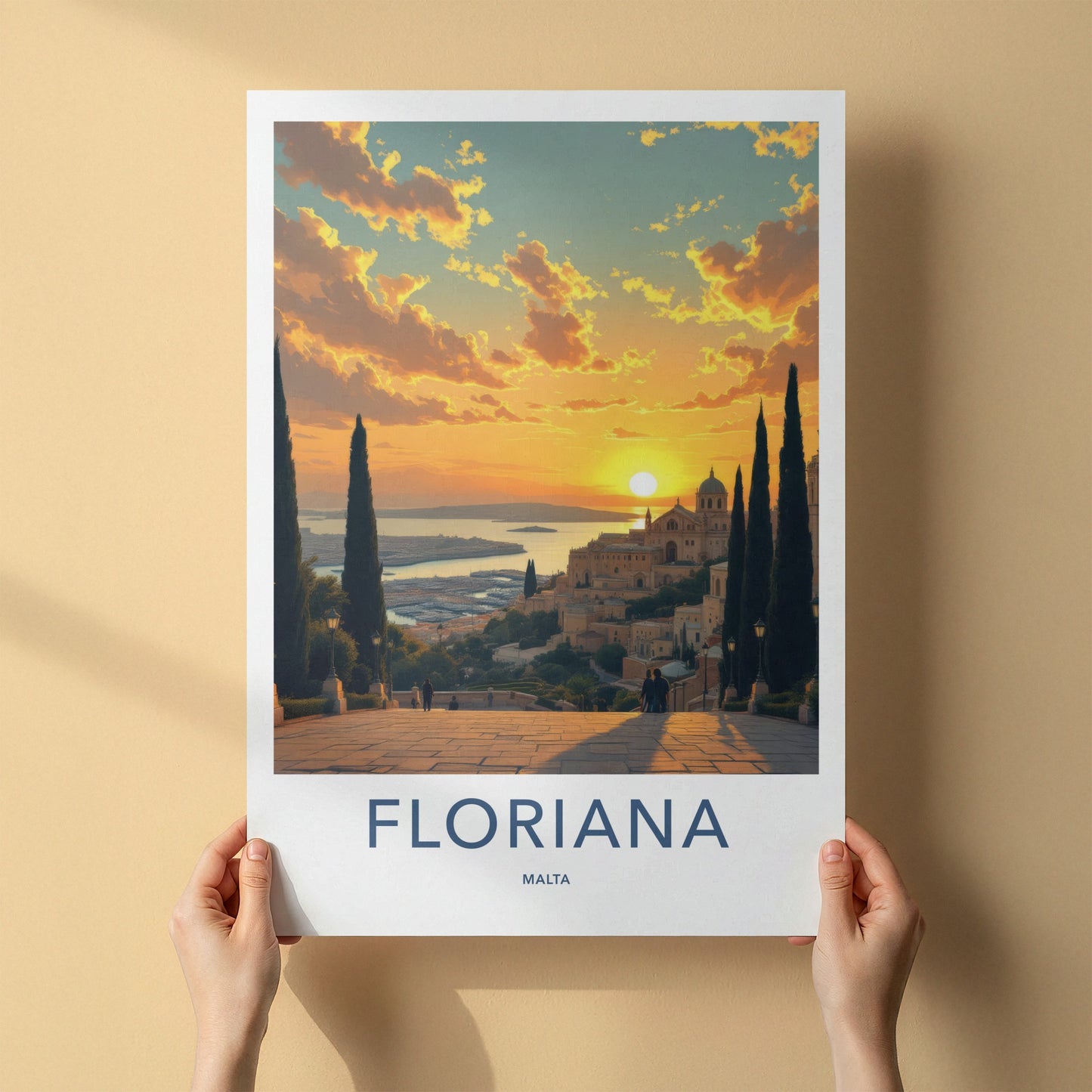 Floriana Poster - Malta Travel Art - Vibrant Sunset Harbor View Home Decor