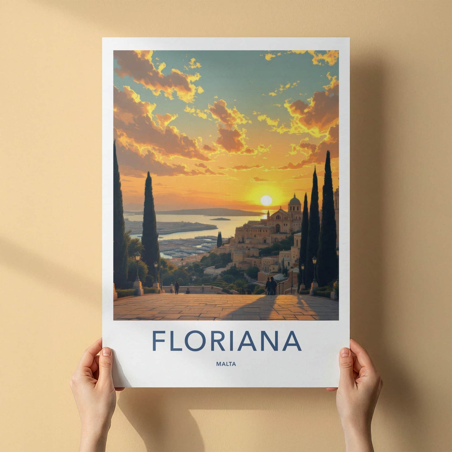 Floriana Poster - Malta Travel Art - Vibrant Sunset Harbor View Home Decor