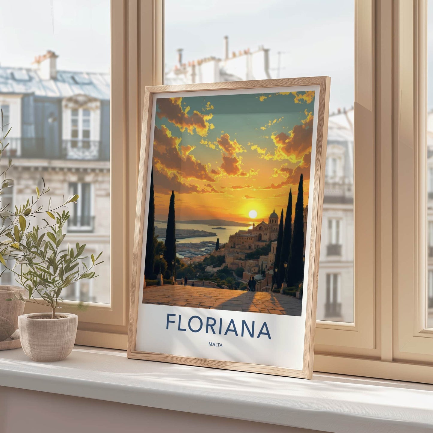 Floriana Poster - Malta Travel Art - Vibrant Sunset Harbor View Home Decor