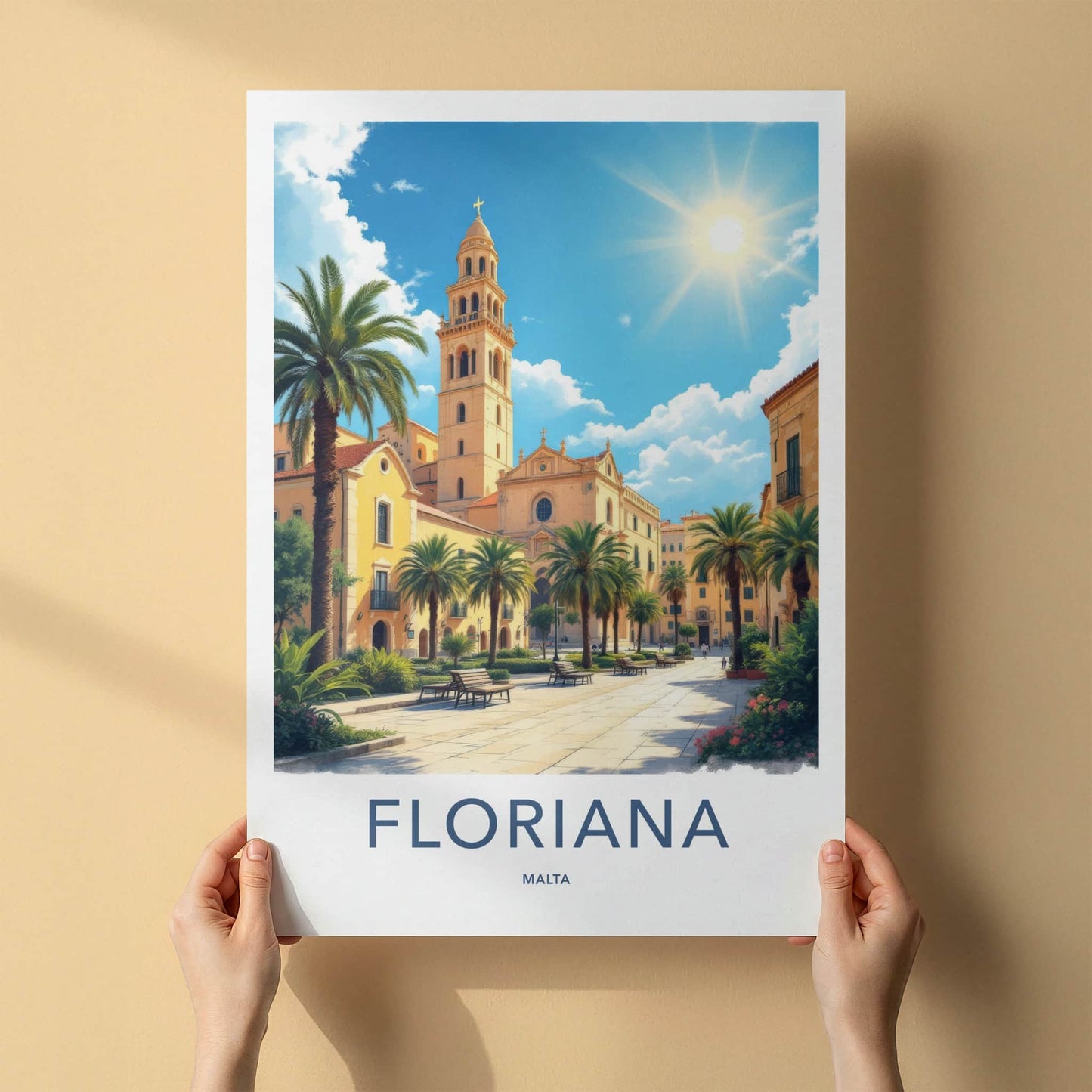 Floriana Poster - Malta Travel Print - Historic Church Square Wall Decor