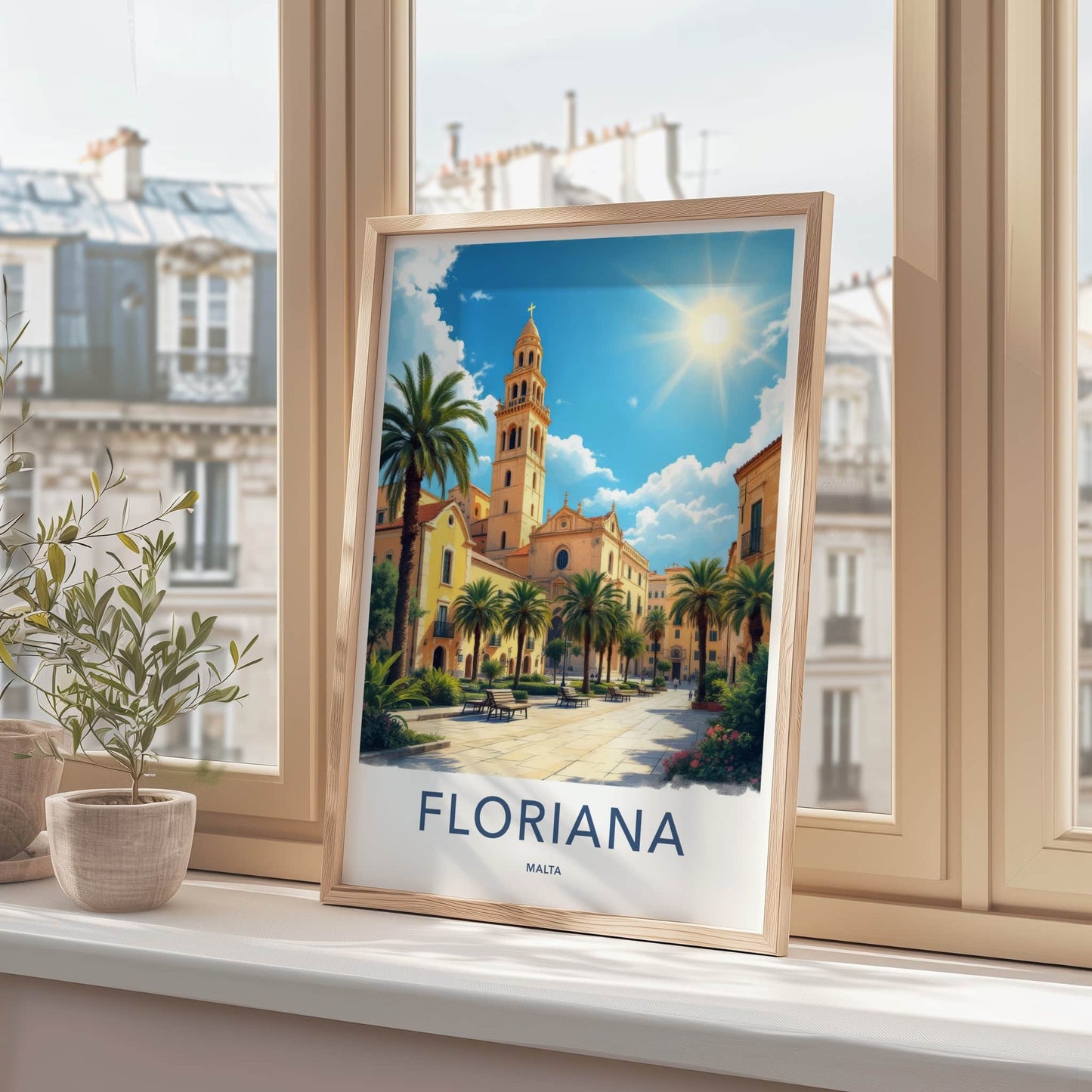 Floriana Poster - Malta Travel Print - Historic Church Square Wall Decor