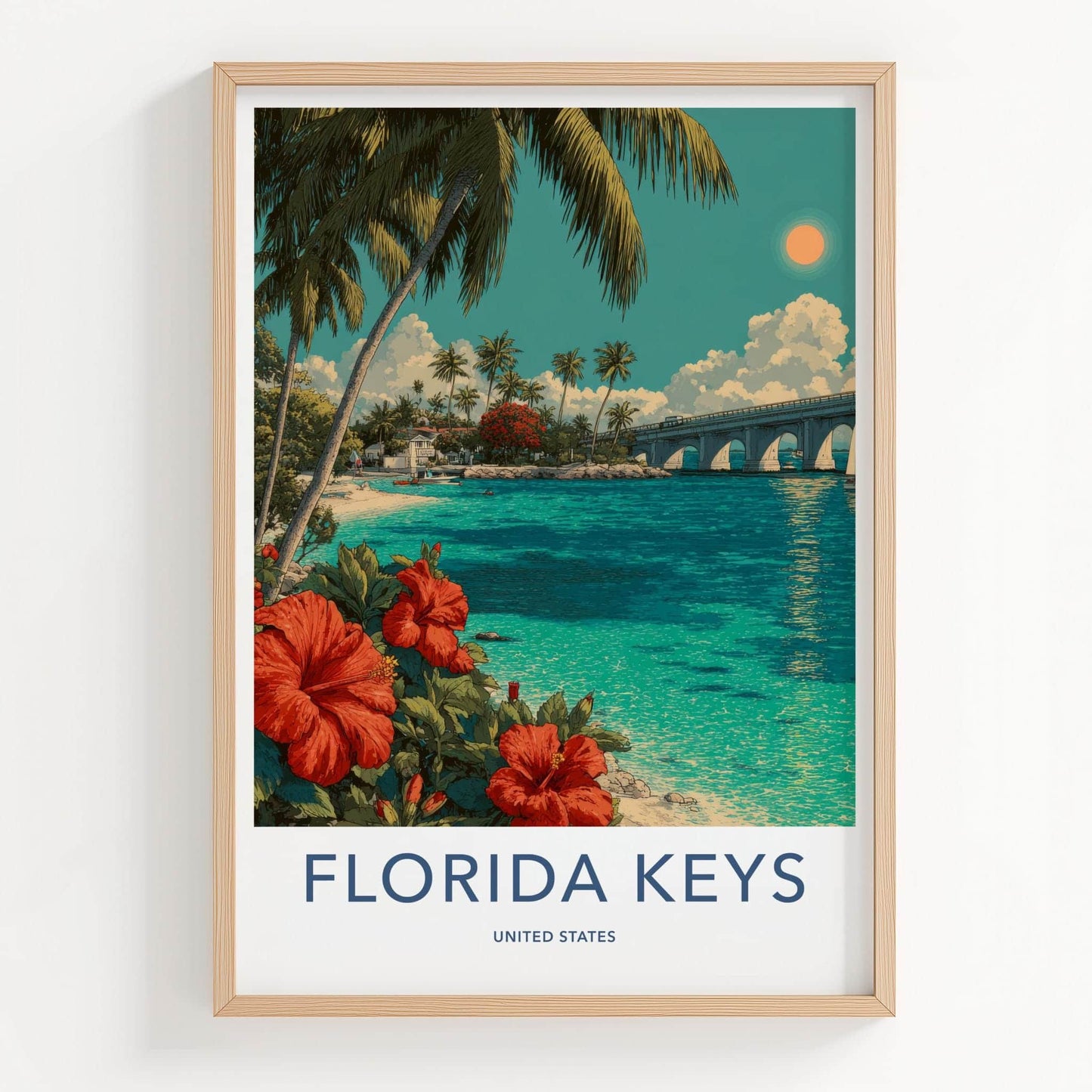 Florida Keys Poster - Florida Travel Art - Tropical Beach Bridge Home Decor