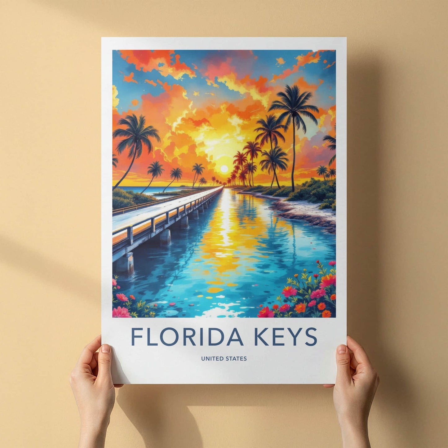 Florida Keys Poster - Florida Travel Art - Tropical Sunset Bridge Wall Decor