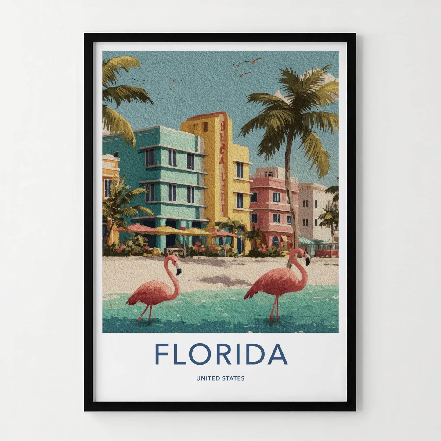 Florida Poster - Florida Travel Art - Art Deco Flamingos Wall Decor