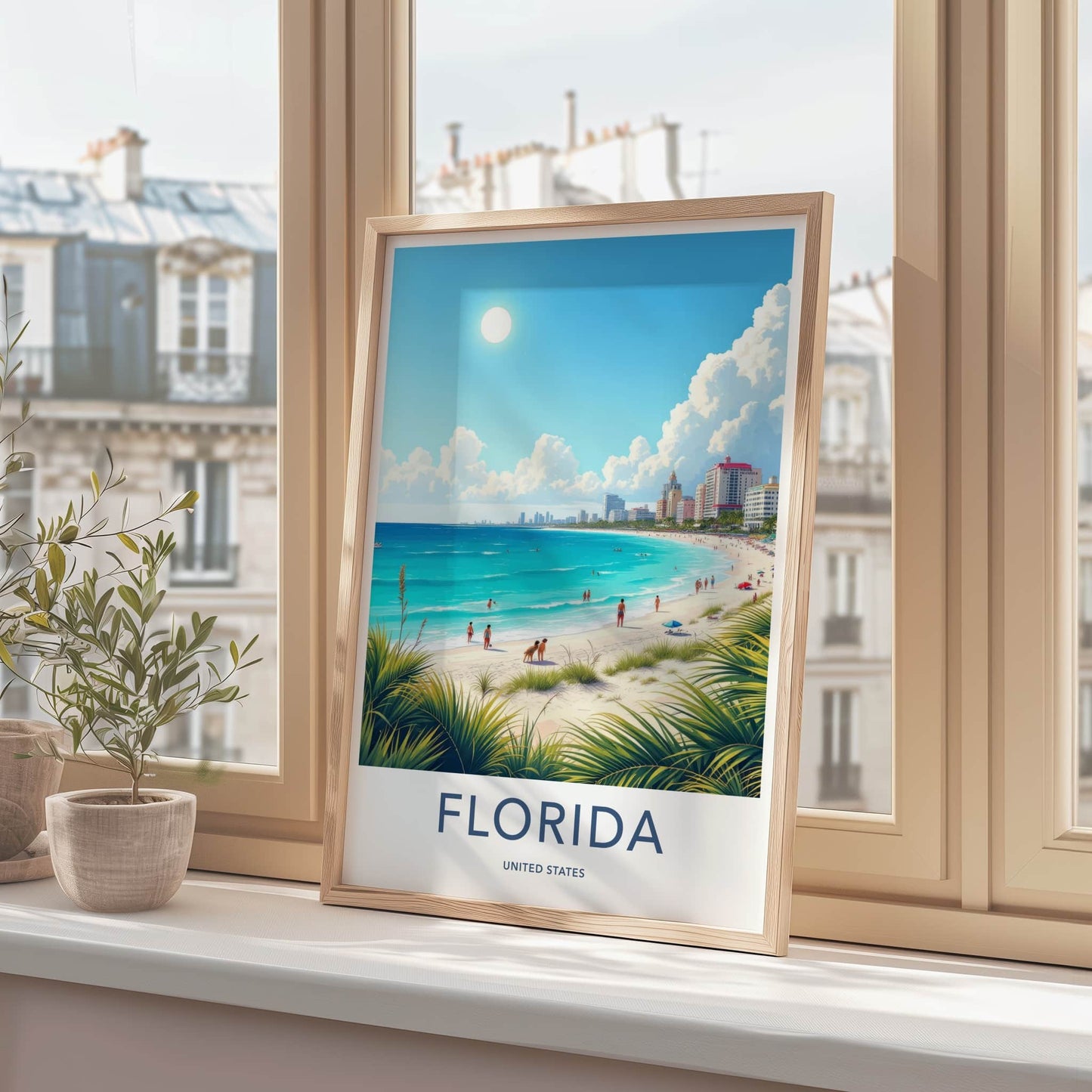 Florida Poster - Florida Travel Art - Sunny Coastal Cityscape Home Decor