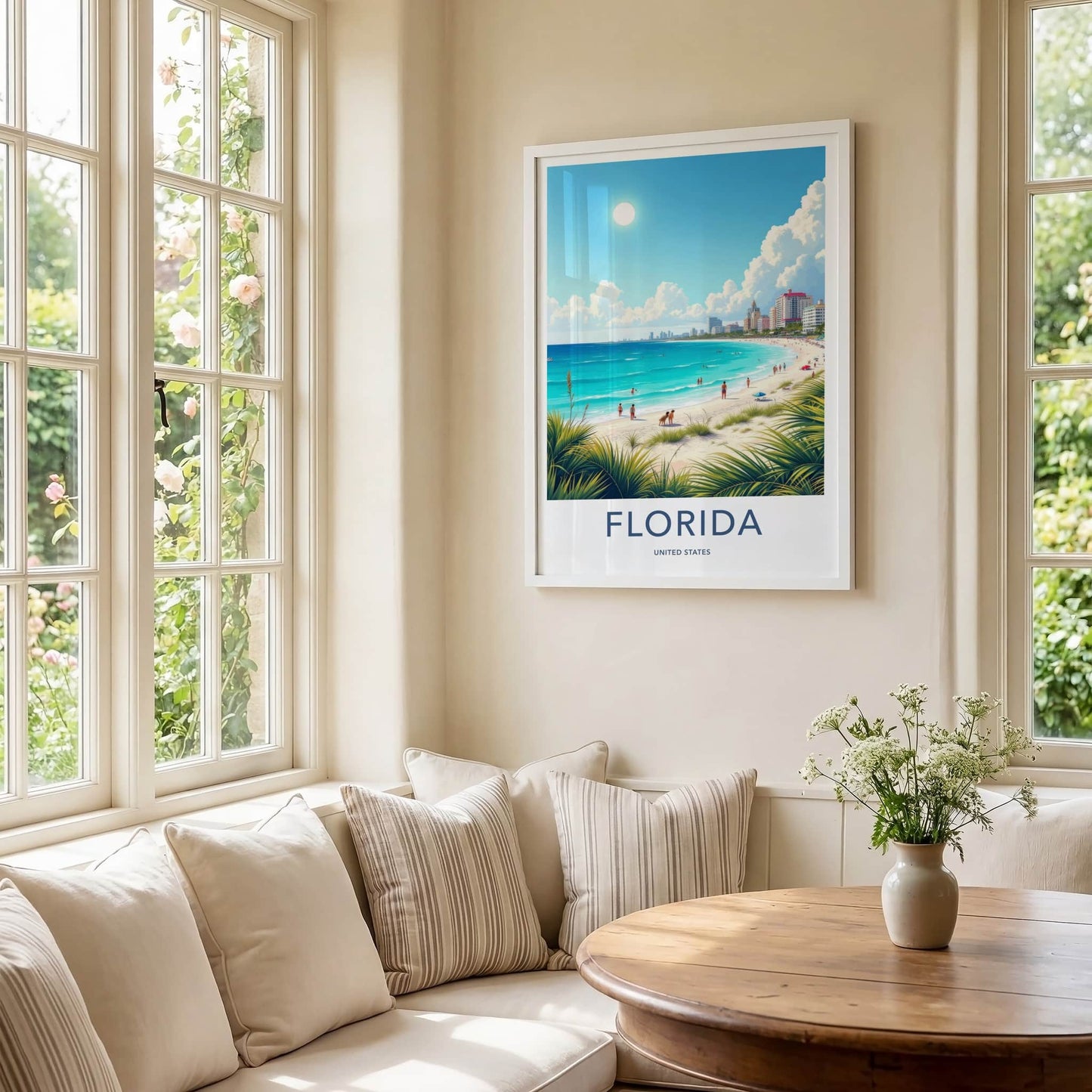 Florida Poster - Florida Travel Art - Sunny Coastal Cityscape Home Decor