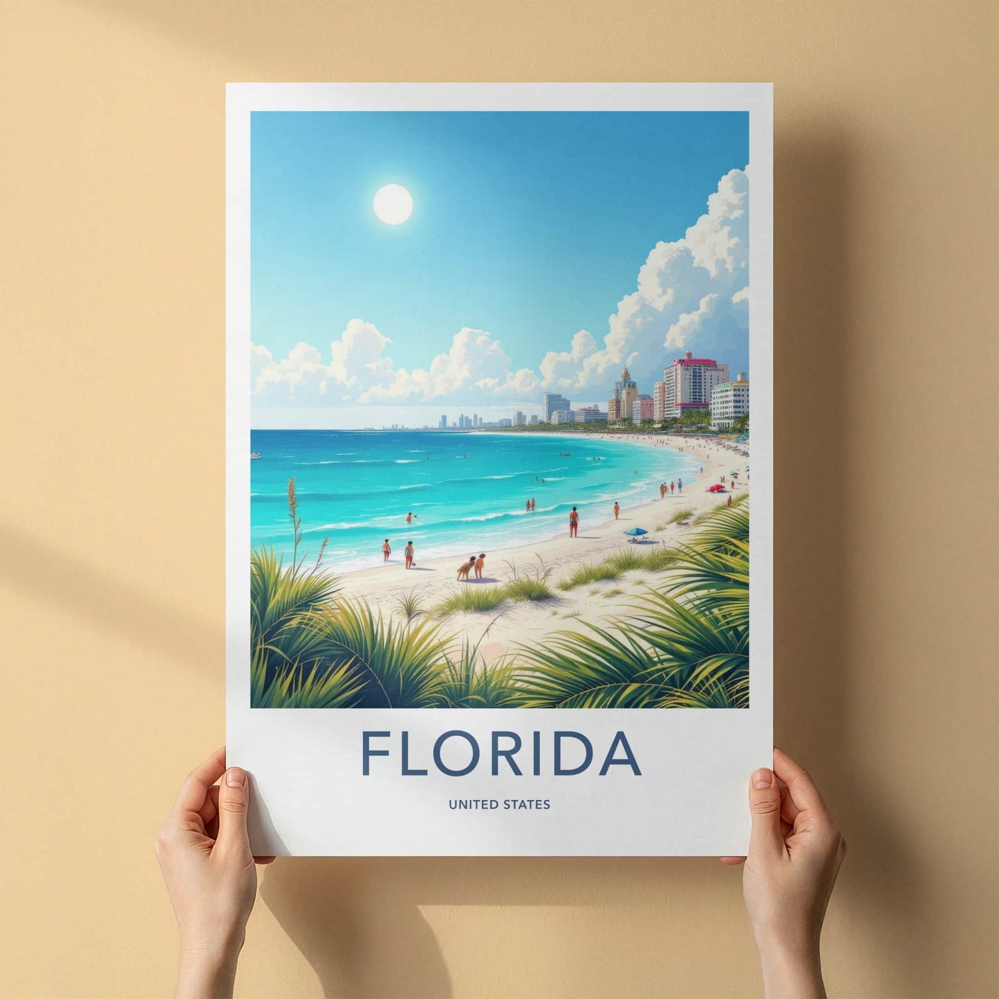 Florida Poster - Florida Travel Art - Sunny Coastal Cityscape Home Decor