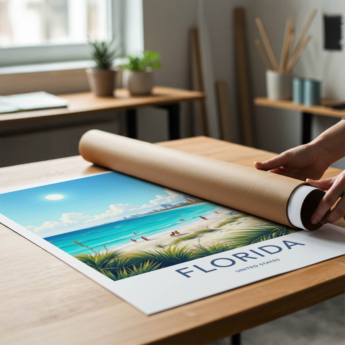 Florida Poster - Florida Travel Art - Sunny Coastal Cityscape Home Decor
