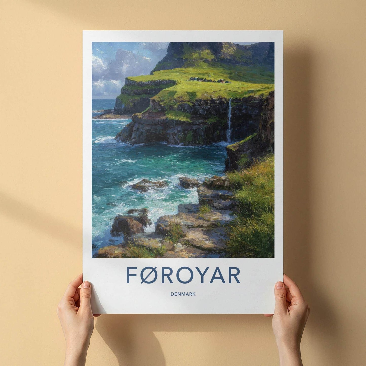 Foroyar Poster - Denmark Travel Art - Cliffside Village Waterfall Home Decor