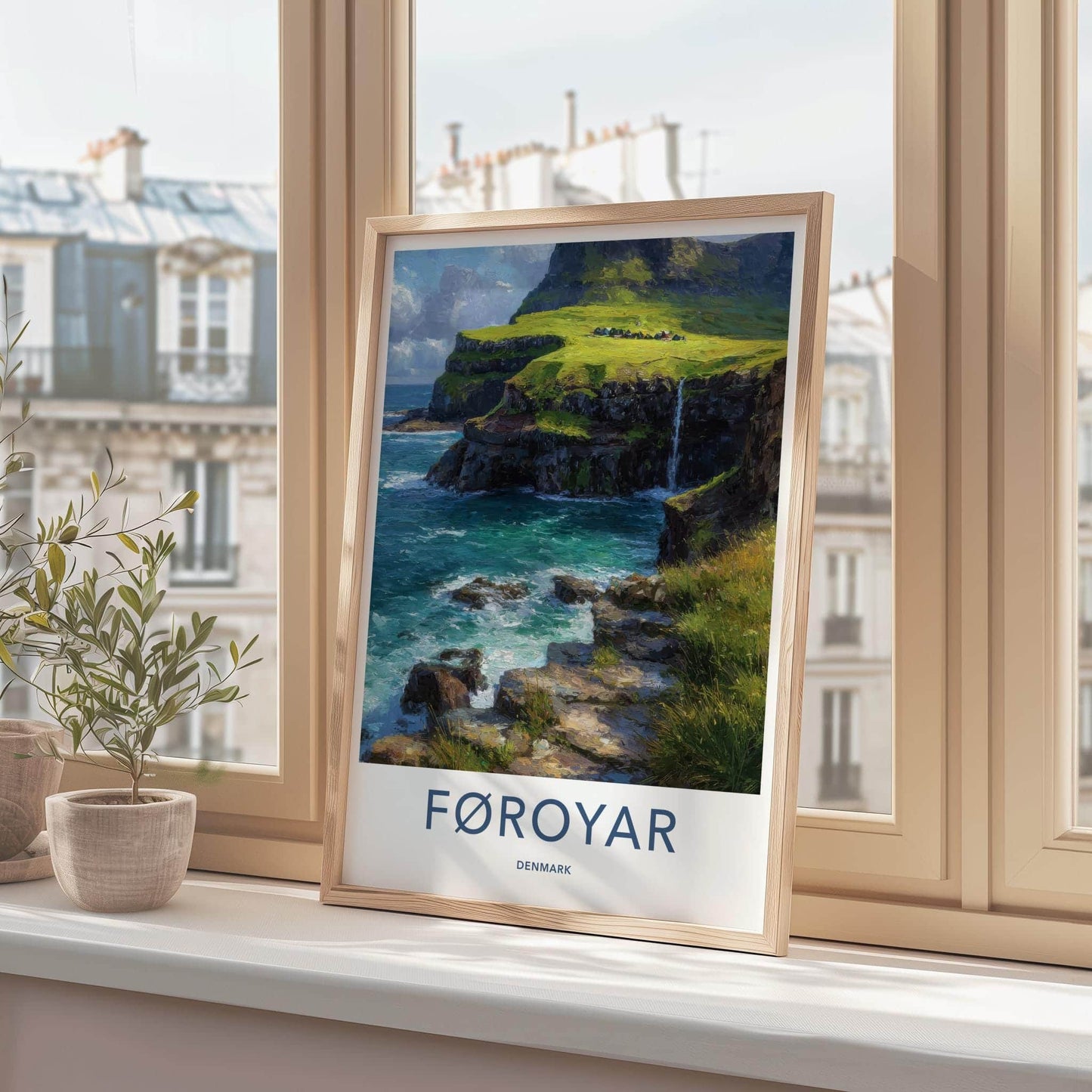 Foroyar Poster - Denmark Travel Art - Cliffside Village Waterfall Home Decor