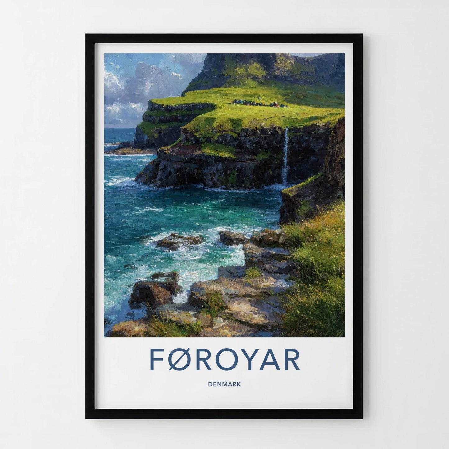 Foroyar Poster - Denmark Travel Art - Cliffside Village Waterfall Home Decor