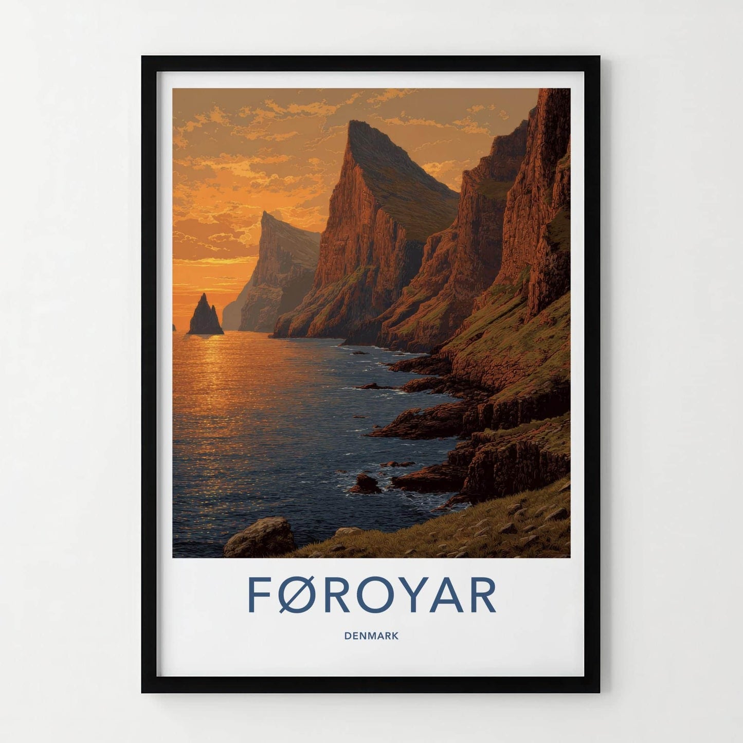 Foroyar Poster - Denmark Travel Art - Sunset Ocean Cliffs Home Decor