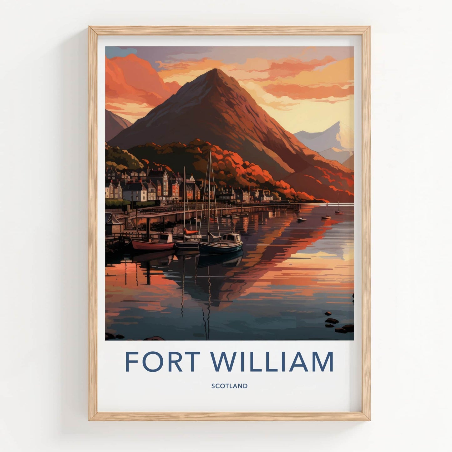 Fort William Poster - Scotland Travel Art - Sunset Mountain Harbor Wall Decor