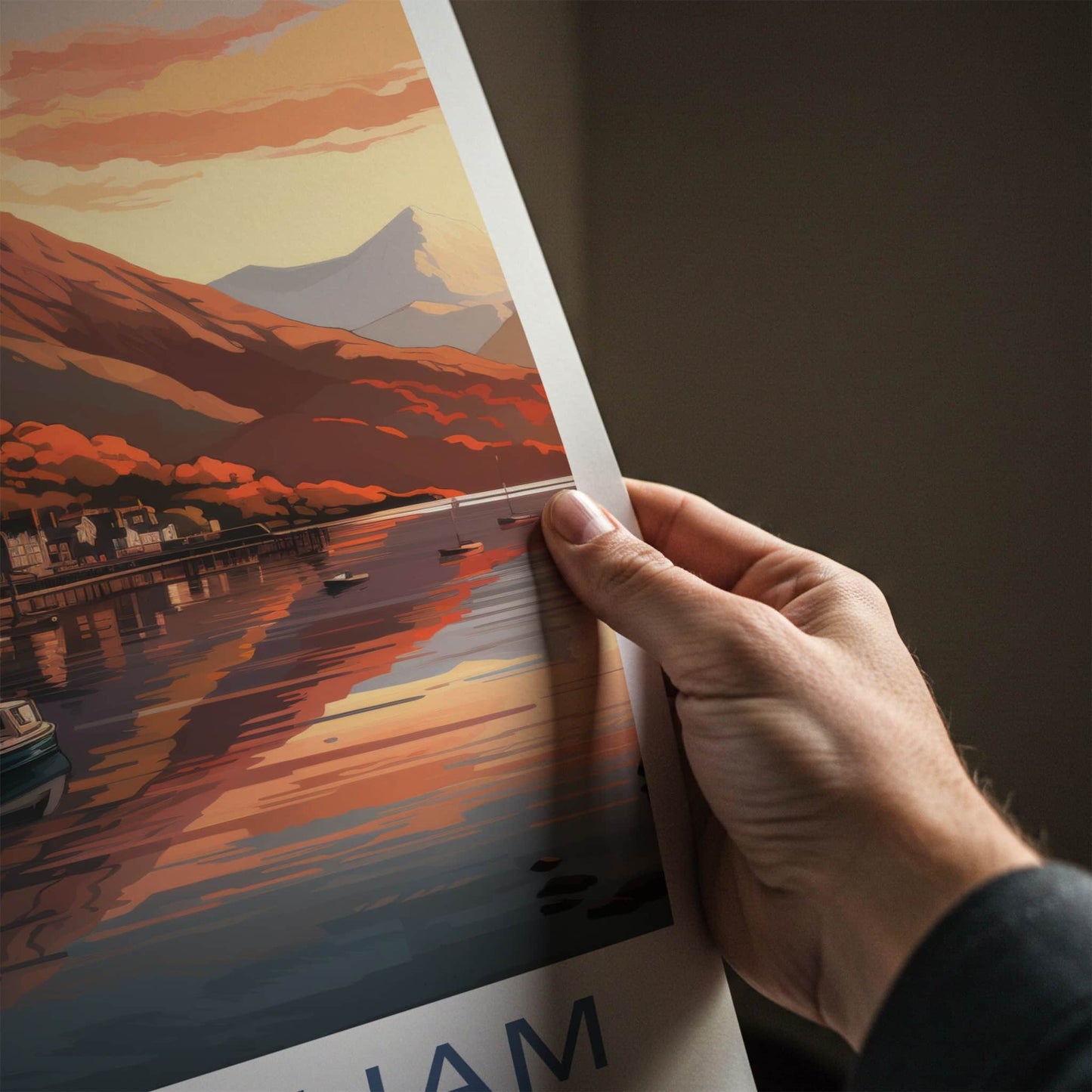 Fort William Poster - Scotland Travel Art - Sunset Mountain Harbor Wall Decor